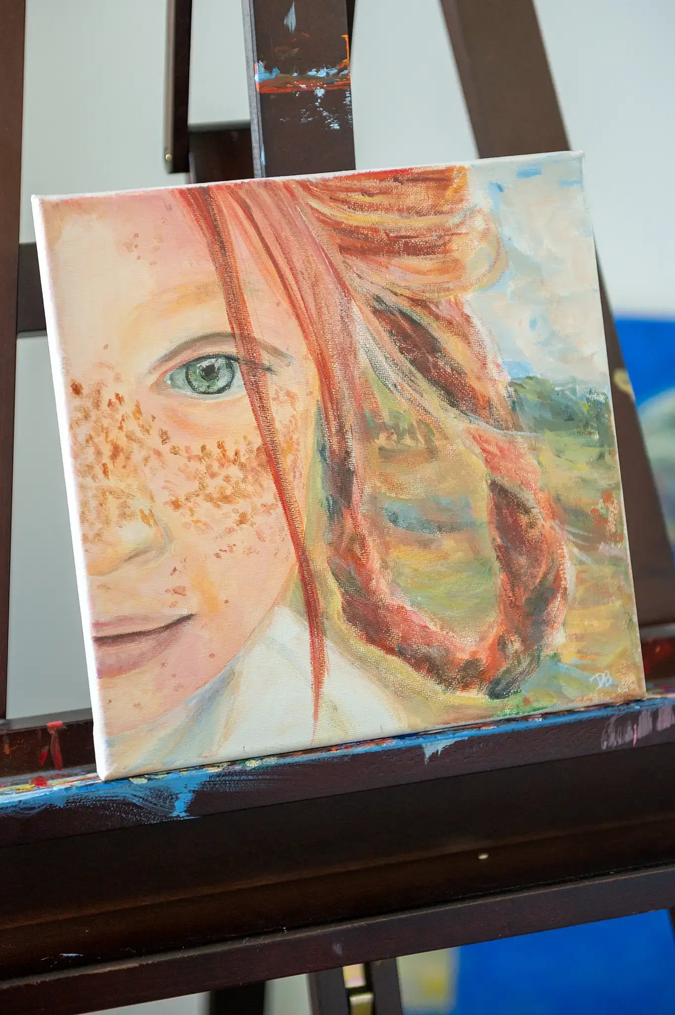 Side view of “Freckles” acrylic painting on canvas, showing edge detail and brush texture