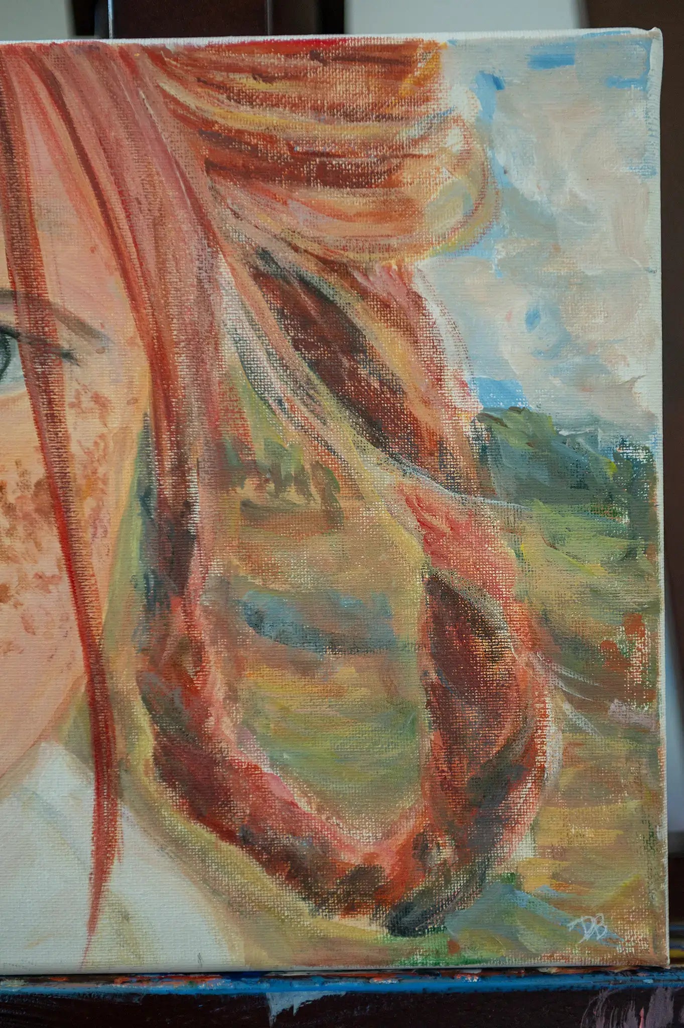 Close view of initial signature and lower right corner of “Freckles” painting