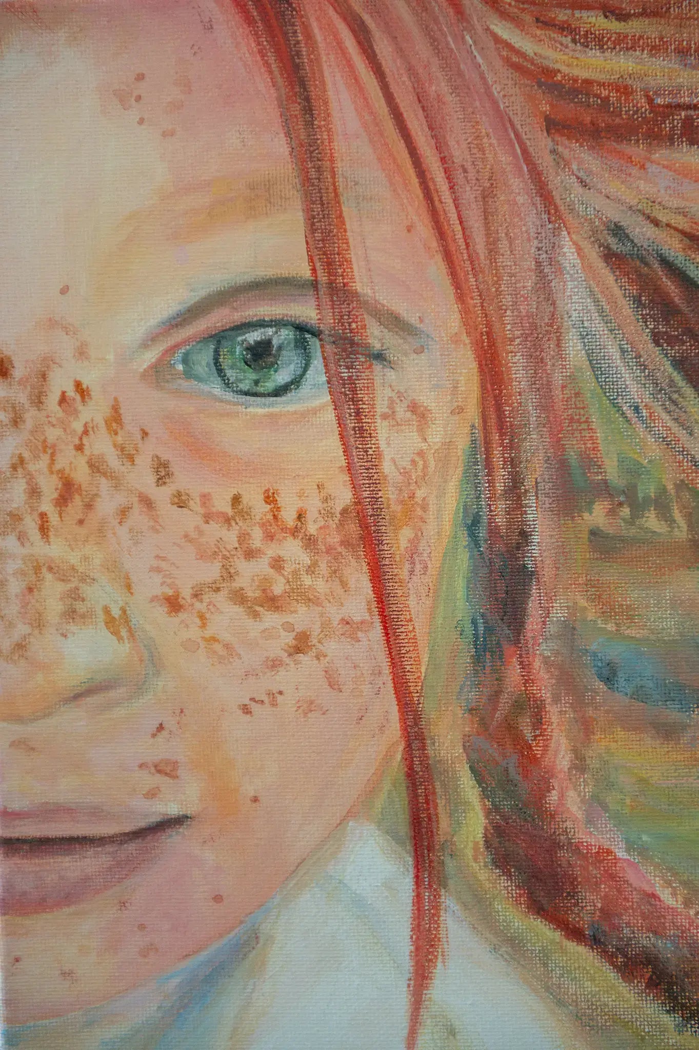Detail of face, red braid and color layering in “Freckles” acrylic portrait