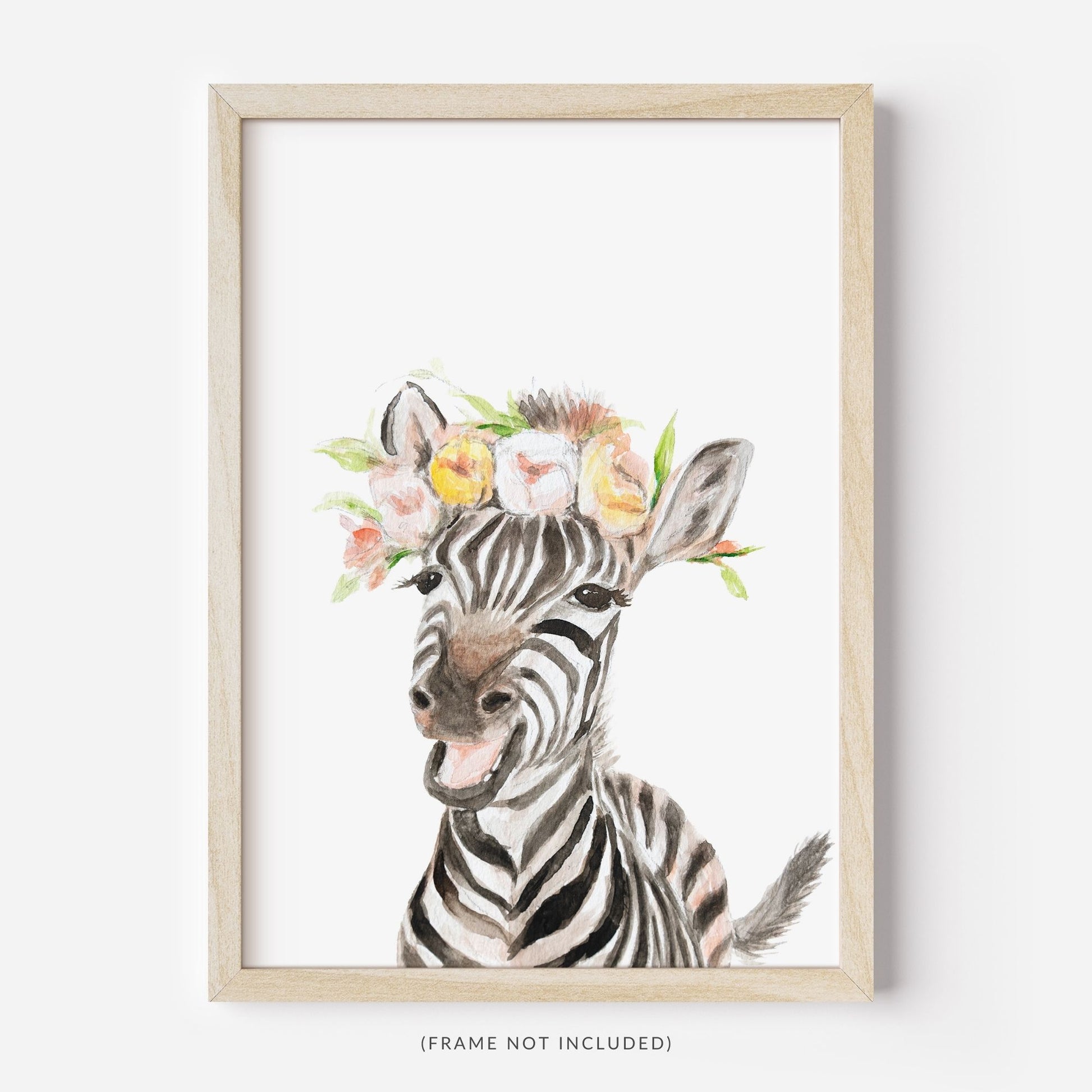 Framed watercolor zebra with pink blossom flower crown nursery wall art print