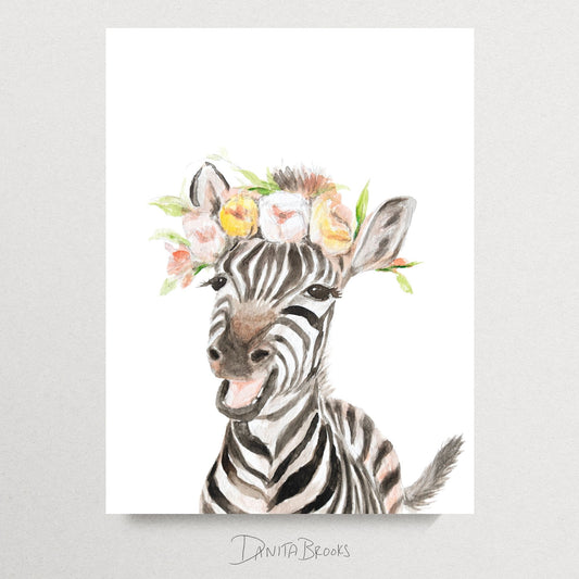 Unframed watercolor zebra with pink blossom flower crown art print on white background