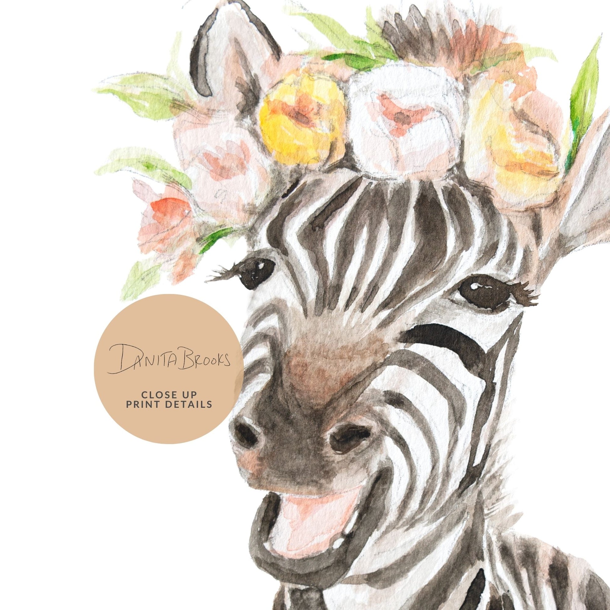 Close-up detail of watercolor zebra with pink blossom flower crown art print showing soft brushstrokes and pastel florals