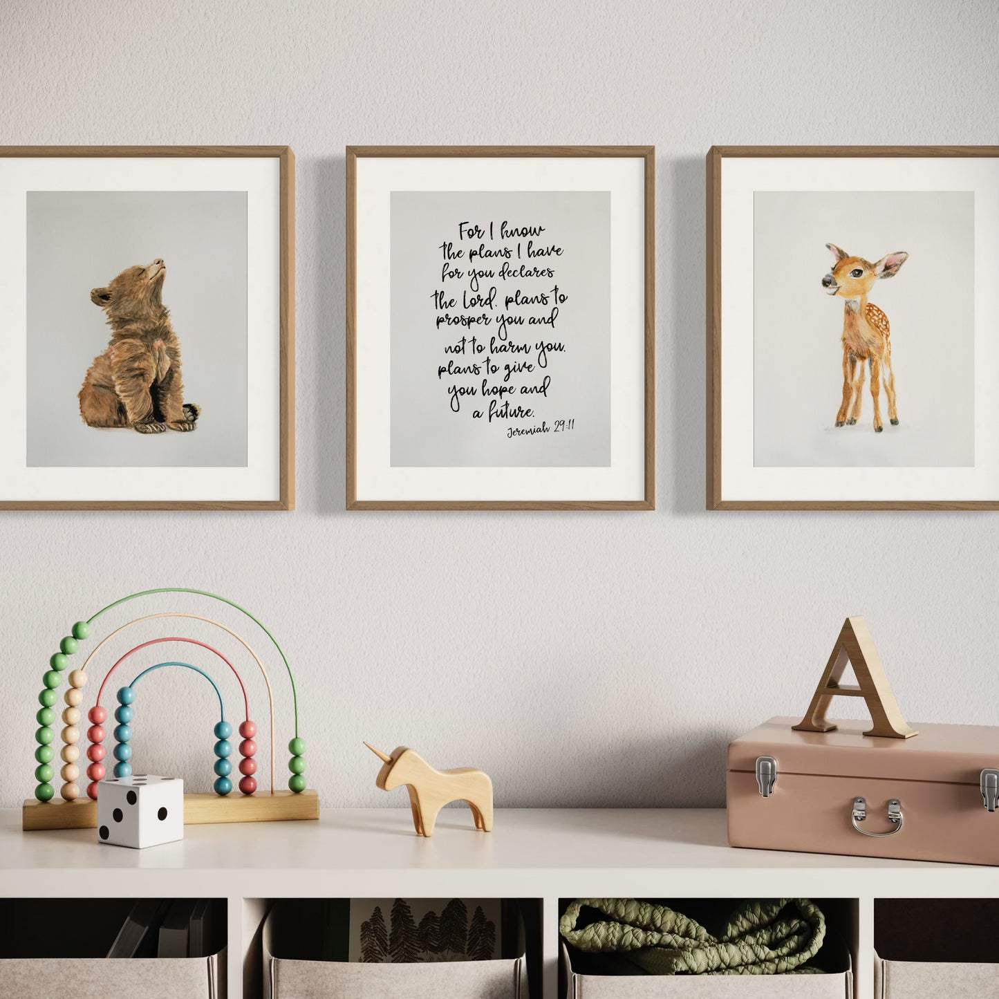 Framed woodland animal and scripture print set in wood and mat – playroom wall art with baby bear, deer, and Jeremiah 29:11 verse