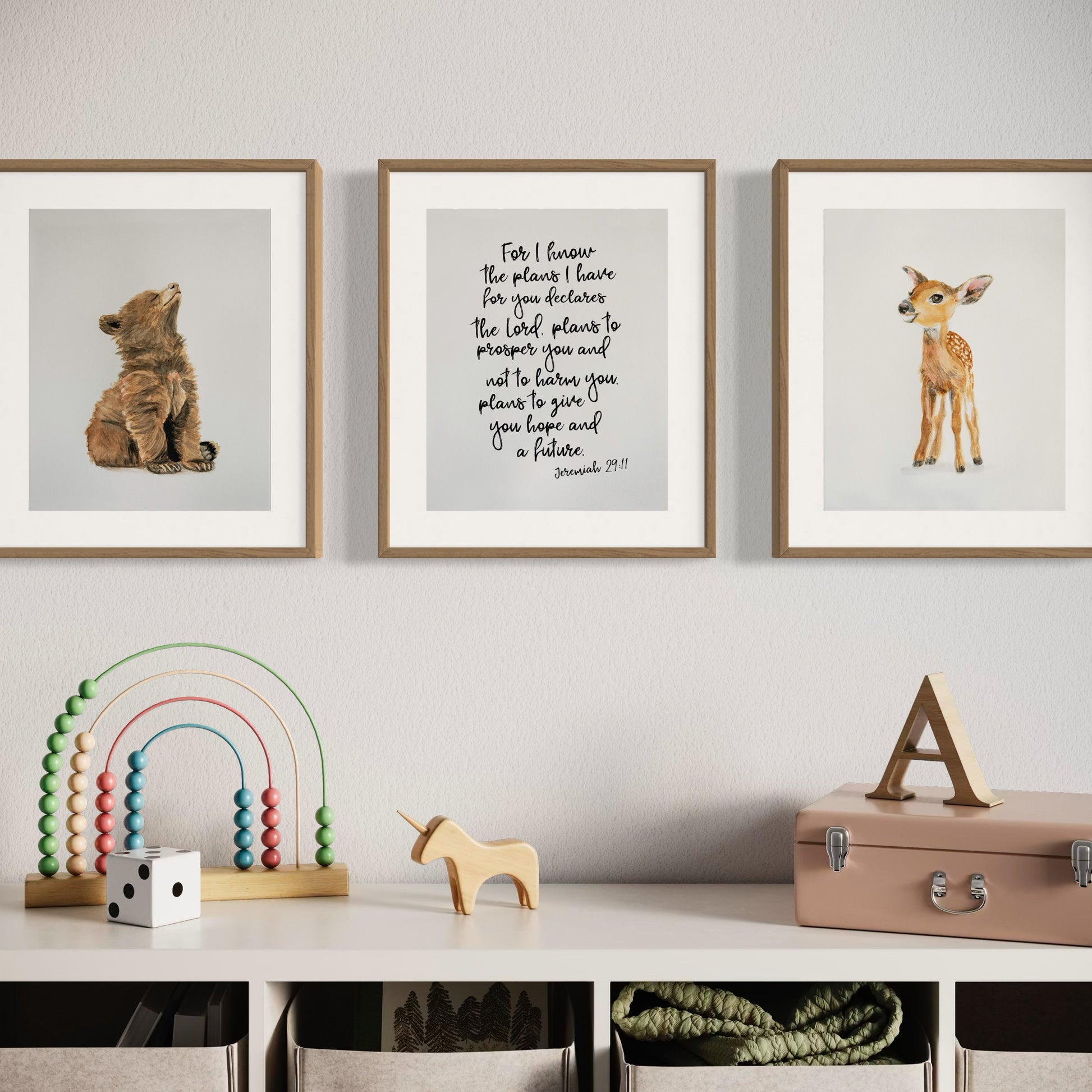 Framed woodland animal and scripture print set in wood and mat – playroom wall art with baby bear, deer, and Jeremiah 29:11 verse