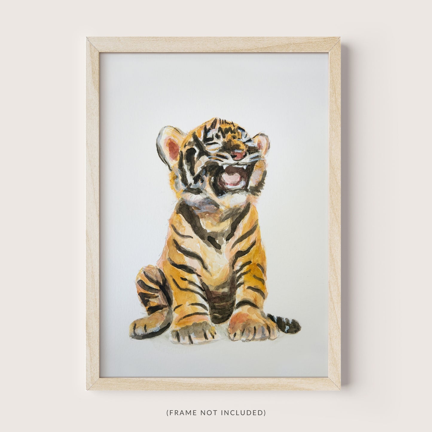 Framed watercolor baby tiger cub art print – safari nursery decor for jungle baby room