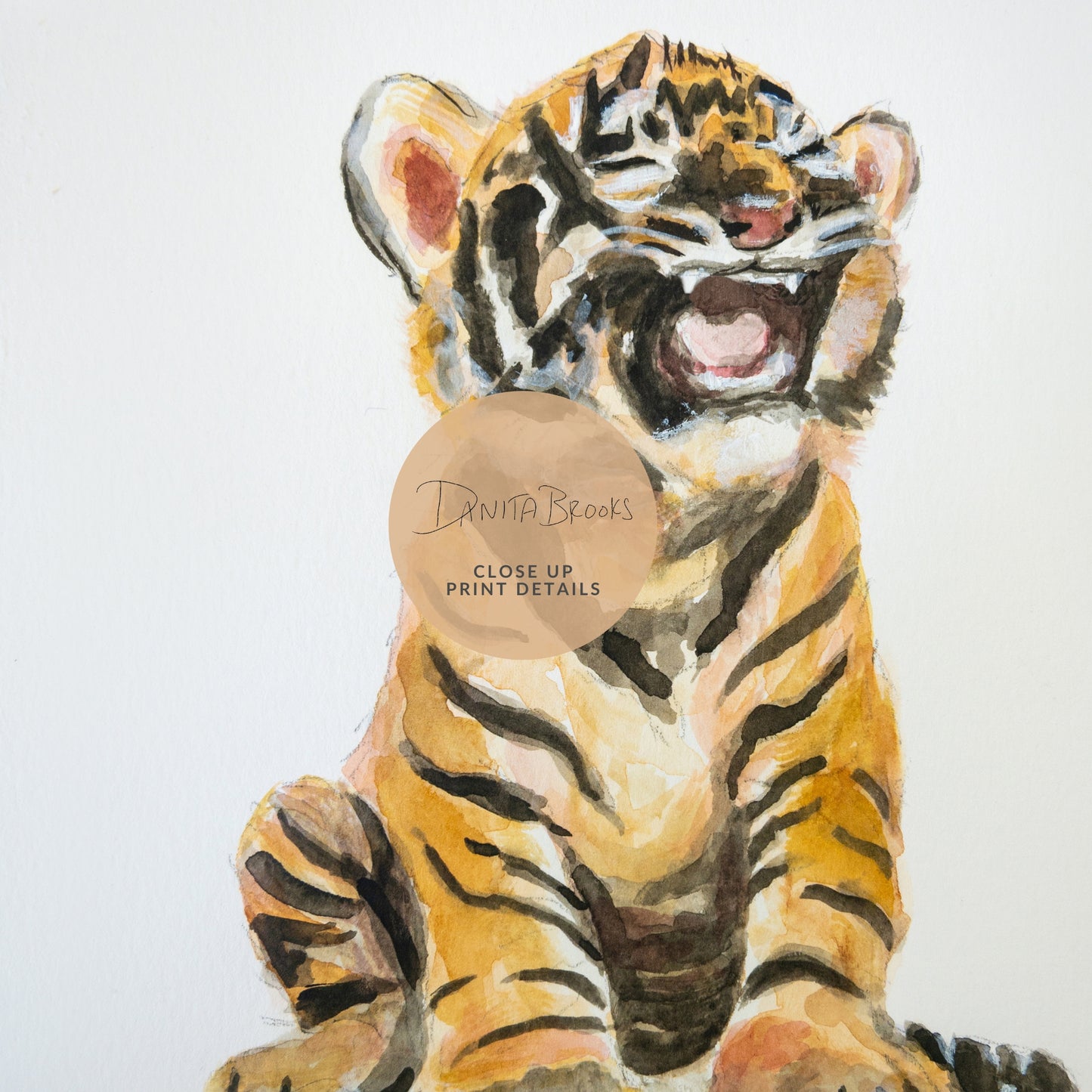 Close-up of watercolor baby tiger cub – safari nursery print for boys room or baby gift