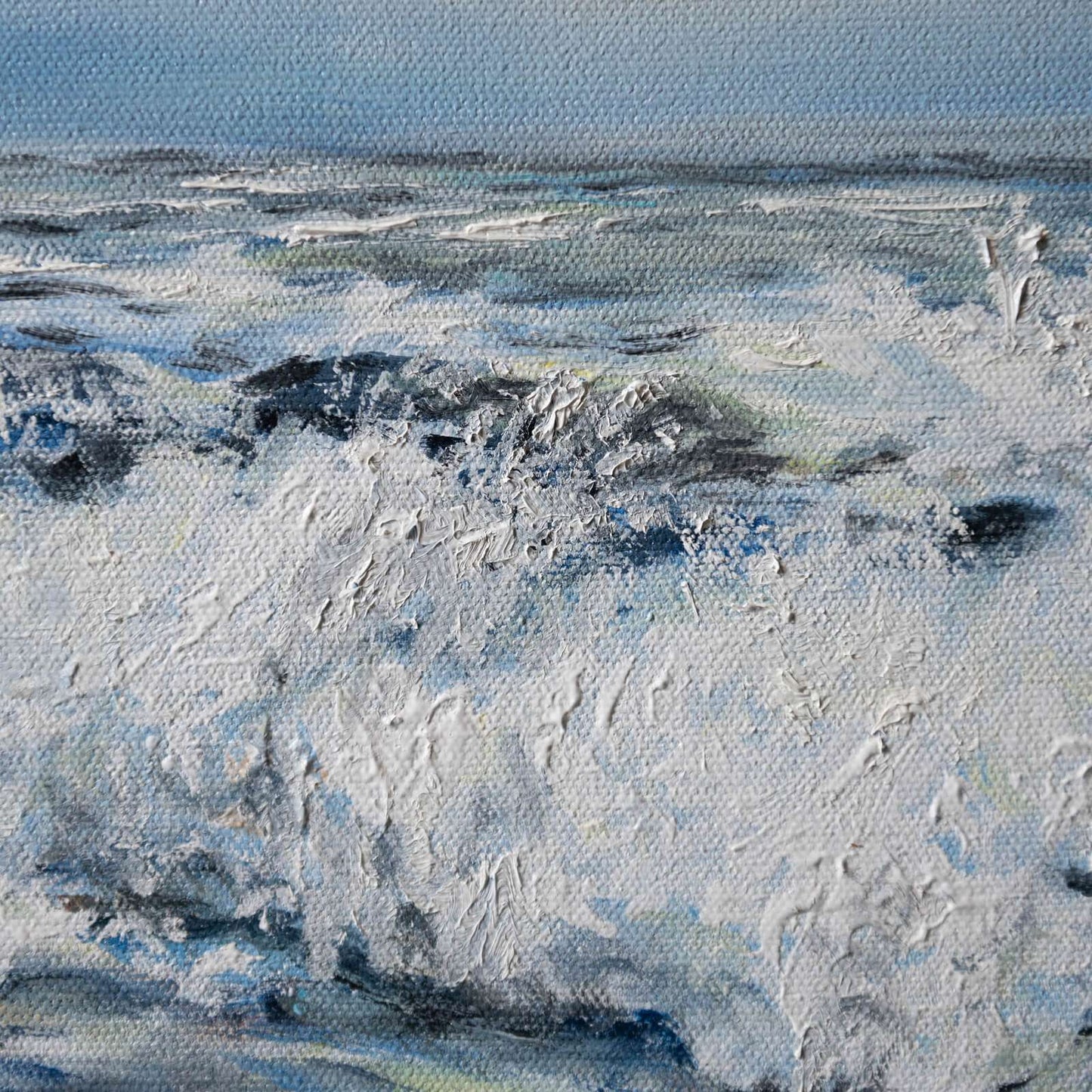 Close-up of wave detail and brush textures in the oil painting "Alive" by Danita Brooks