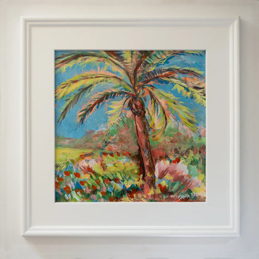 Original sky painting titled "Midday Blues" by Danita Brooks, framed in white plein air frame and displayed in natural light