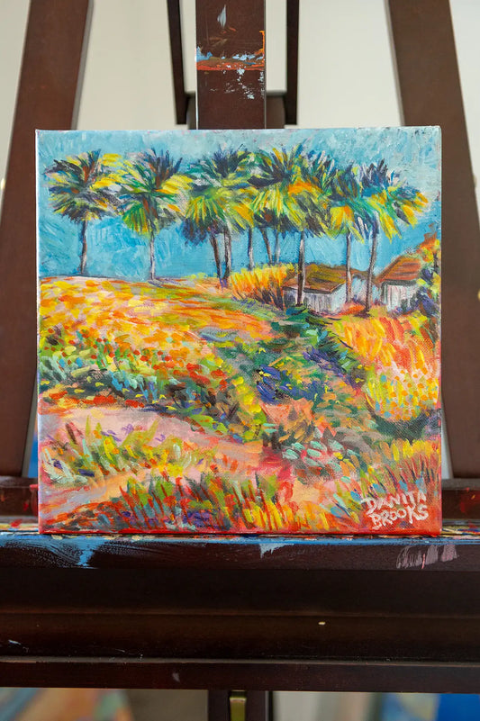 “Where the Palms Grow” original acrylic painting by Danita Brooks, colorful coastal landscape with palm trees and wildflowers