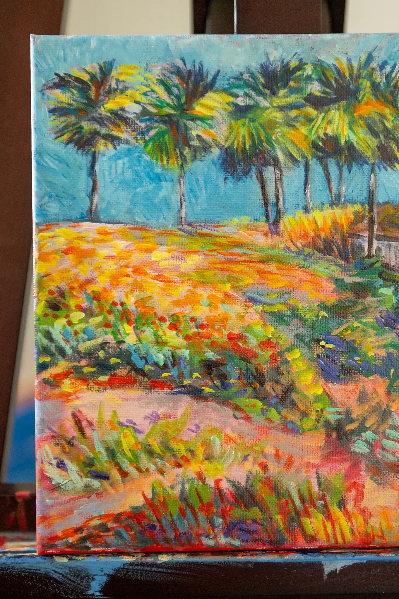 Detail of palm trees and vivid brushstrokes in “Where the Palms Grow” acrylic painting