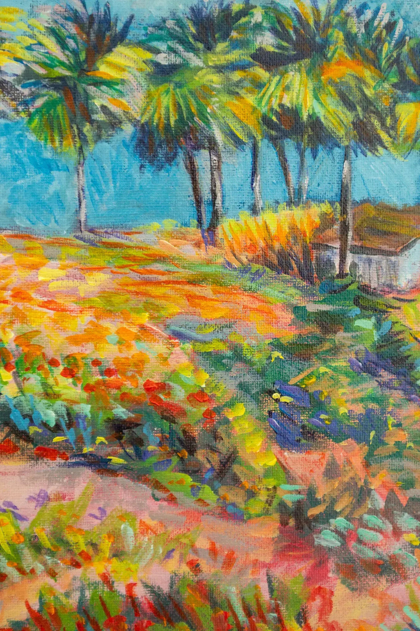 Close-up of colorful wildflowers and painterly texture in Danita Brooks’ landscape artwork