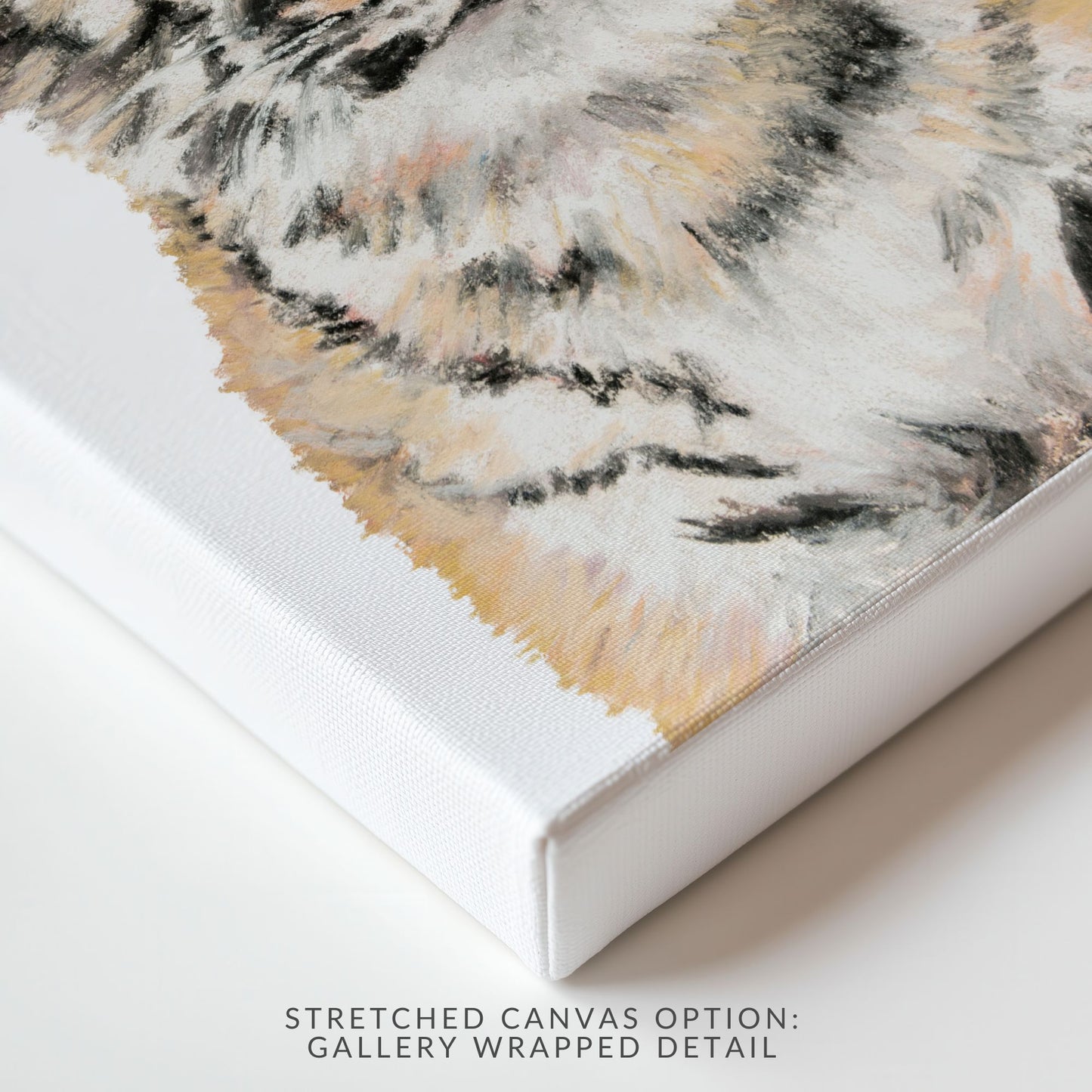 Stretched canvas with tiger painting print on a white background