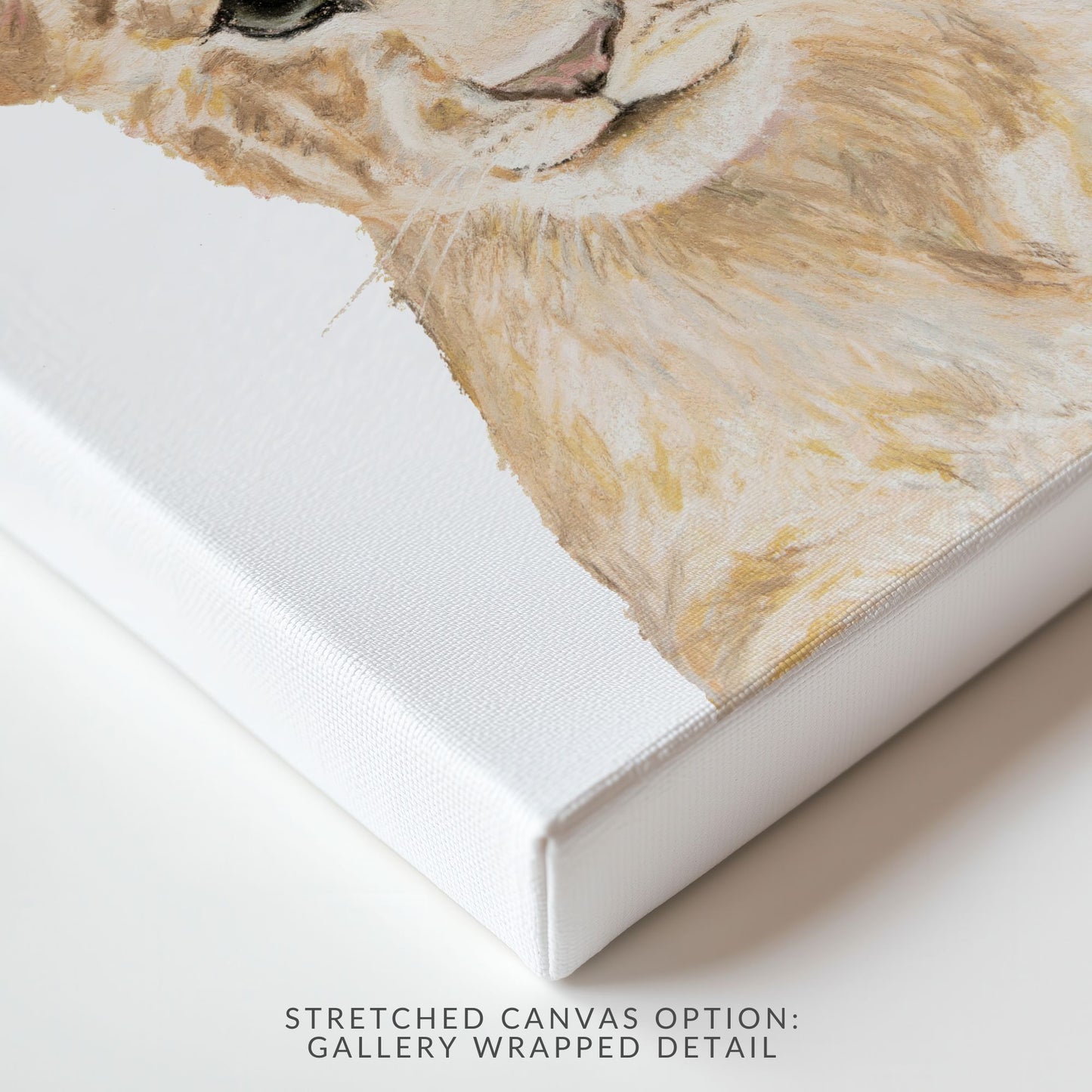 Close-up of a stretched canvas with a detailed animal portrait on a white background.