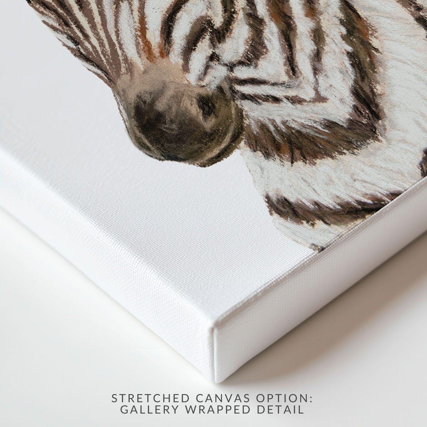 Close-up of a stretched canvas with a zebra design on a white background