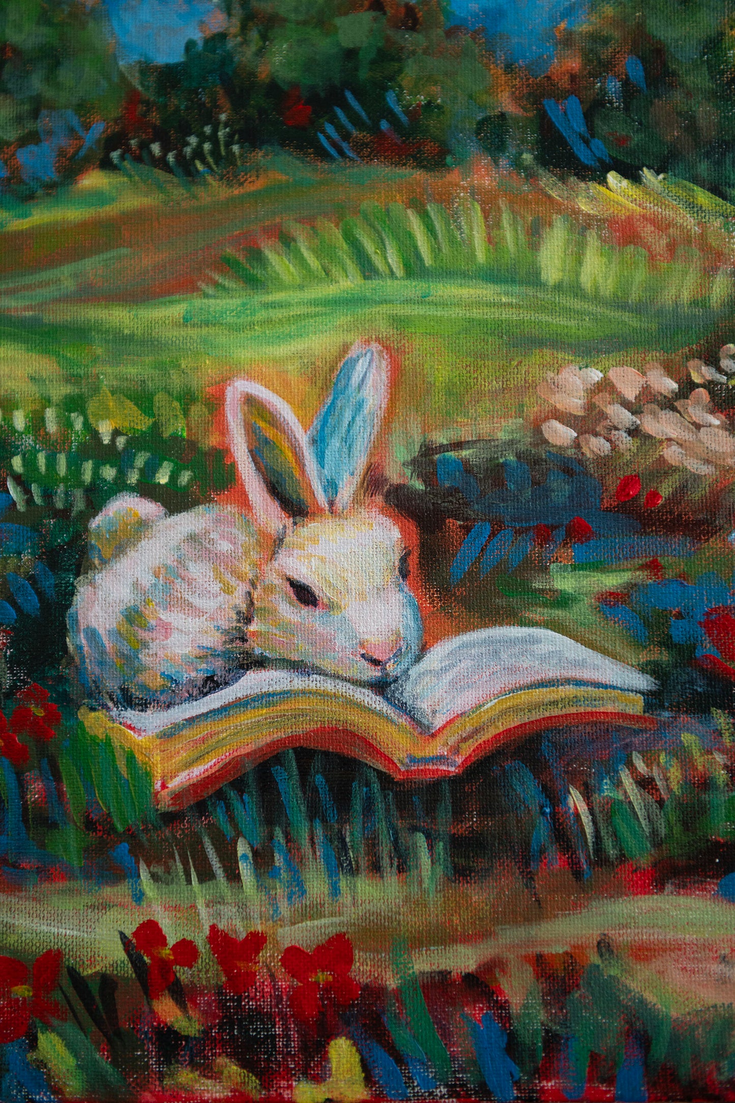 “Petals and Pages” Storybook Bunny Painting 12x12
