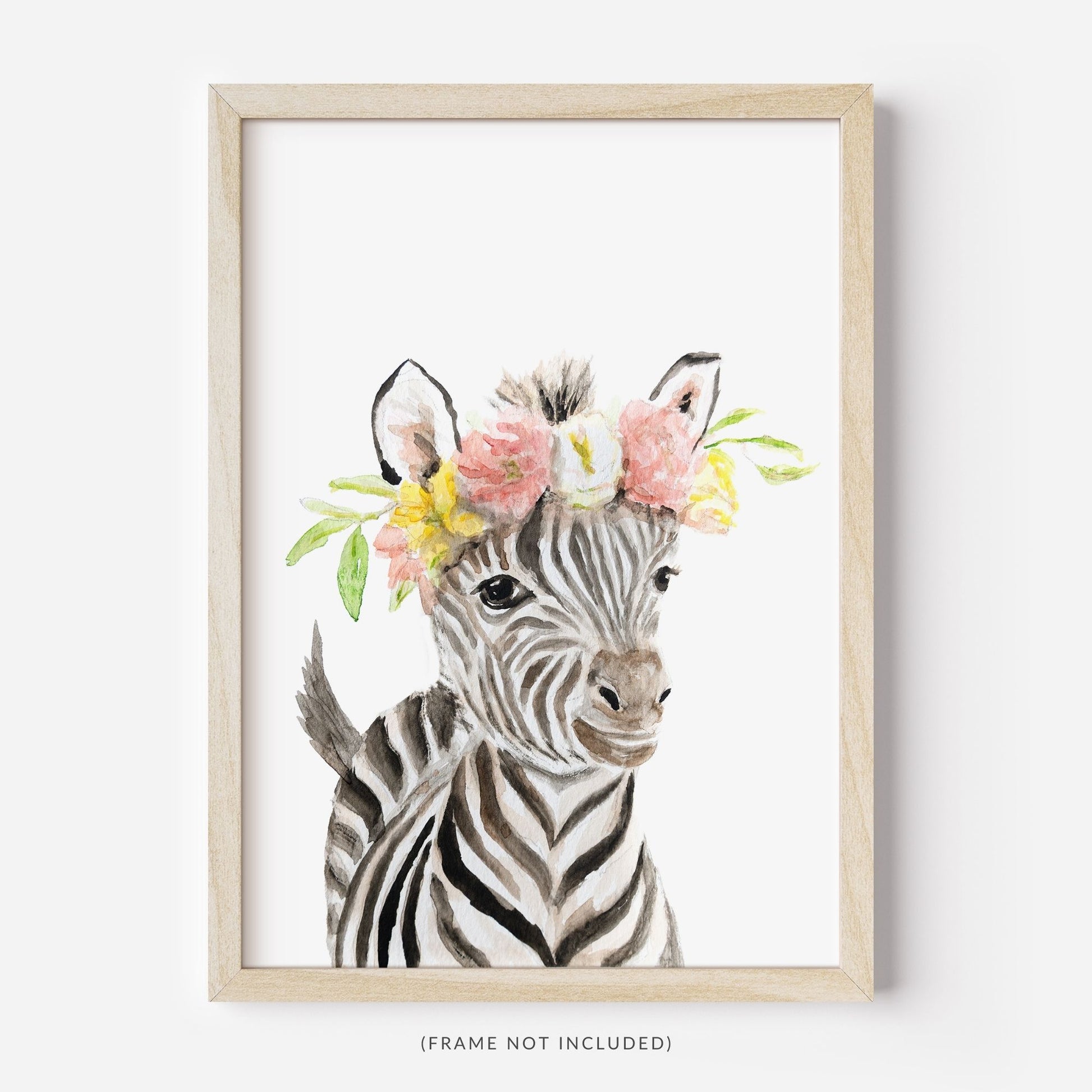 Framed watercolor zebra with wildflower crown nursery wall art print