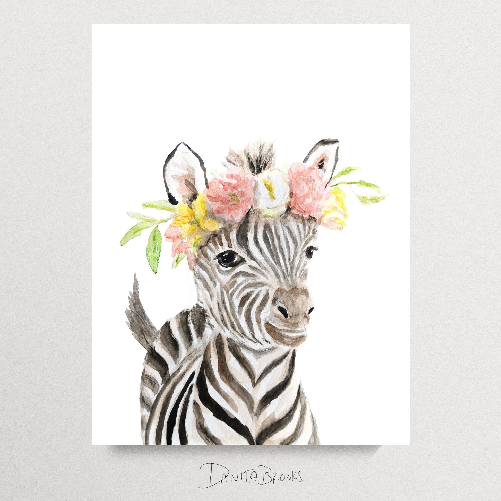 Unframed watercolor zebra with wildflower crown art print on white background