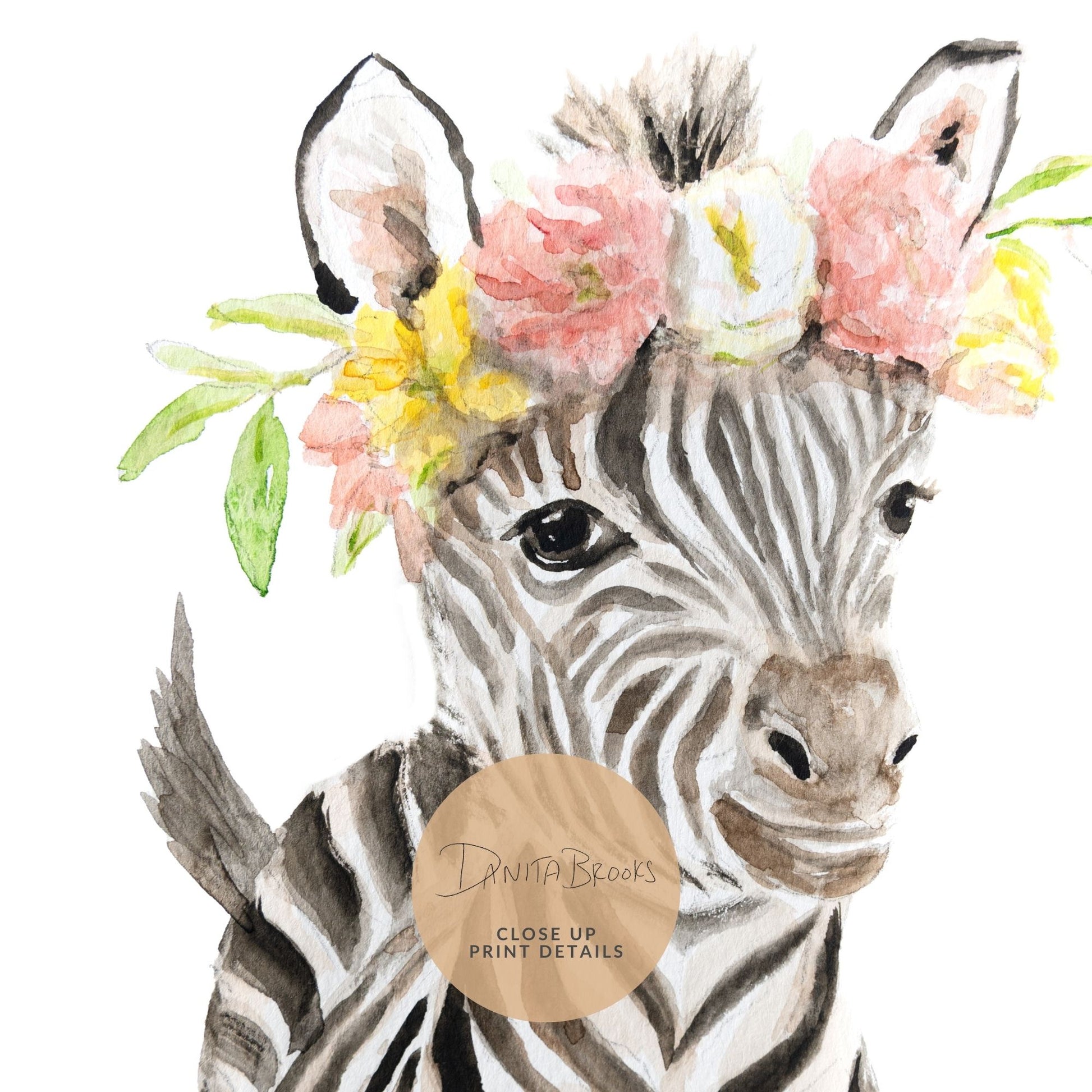 Close-up detail of watercolor zebra with wildflower crown art print showing delicate brushstrokes and colorful florals