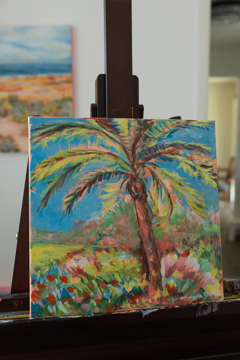 Side view of "Midday Blues" framed acrylic painting showing blue sky and summer-inspired tones