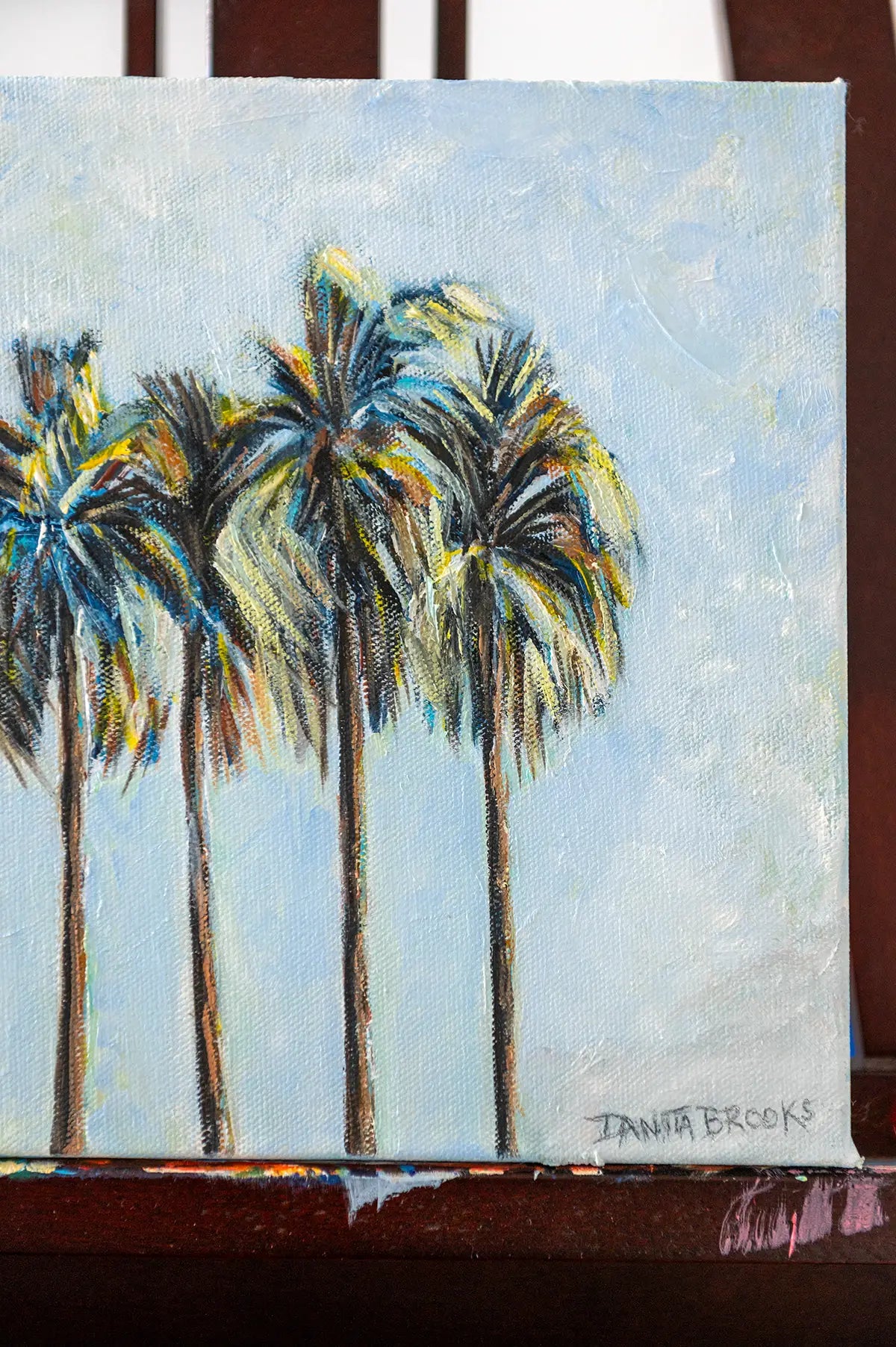 Artist signature on lower corner of "Four Palms" original oil painting on 1.5-inch gallery wrapped canvas