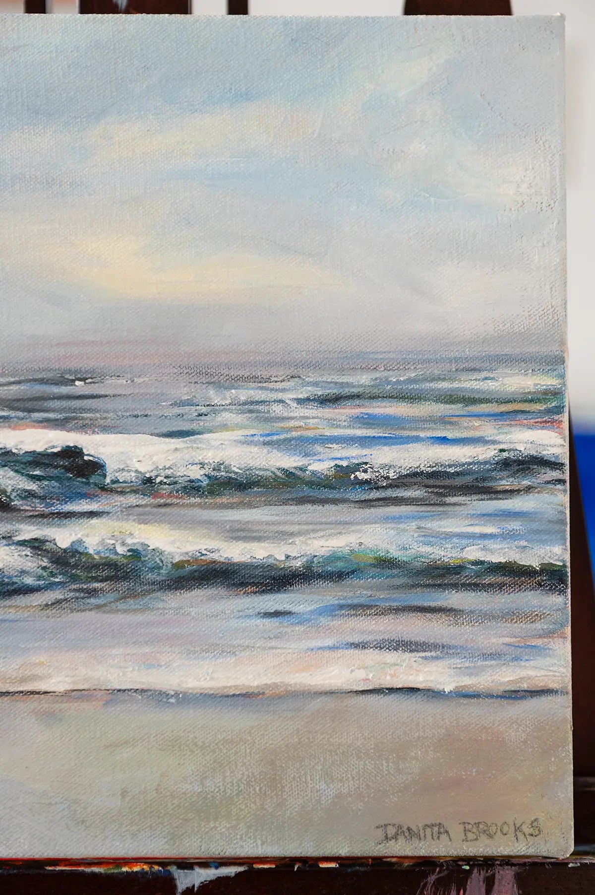 Signature detail on the bottom corner of "Fresh Start" oil painting on 1.5-inch gallery wrapped canvas