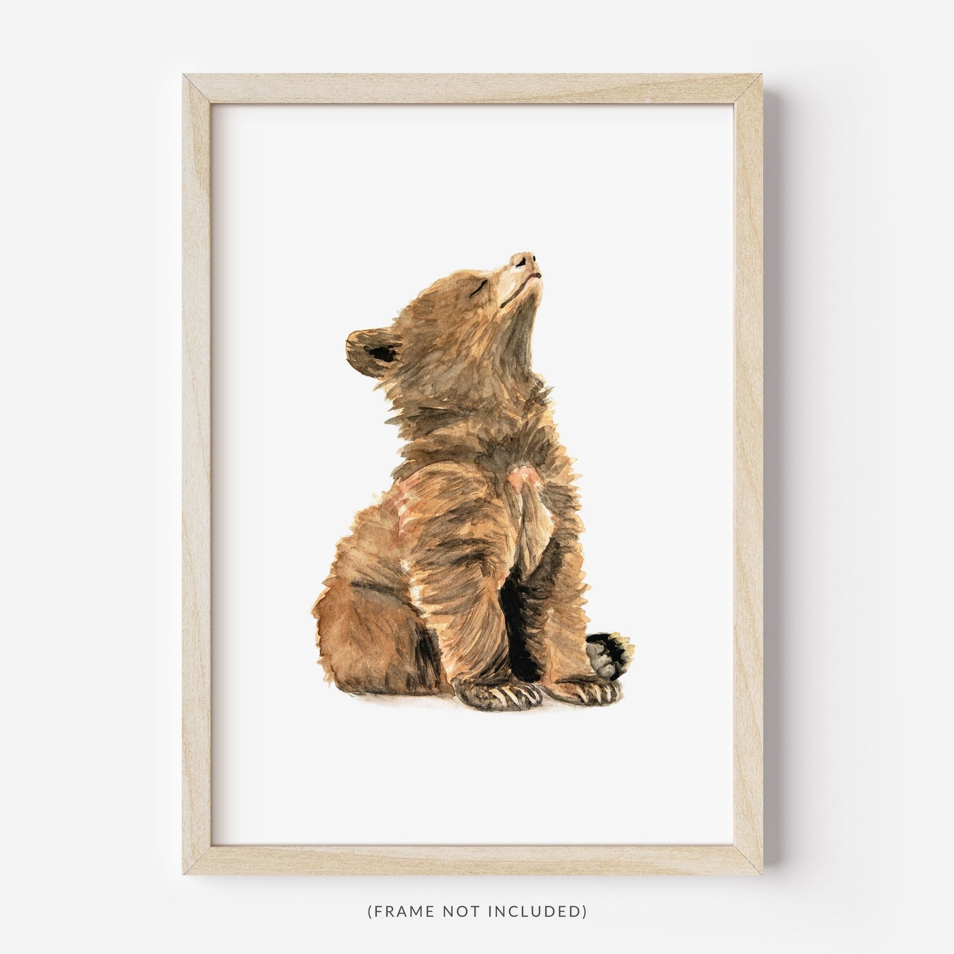 Watercolor baby bear art print in wood frame – rustic woodland nursery wall decor for kids room