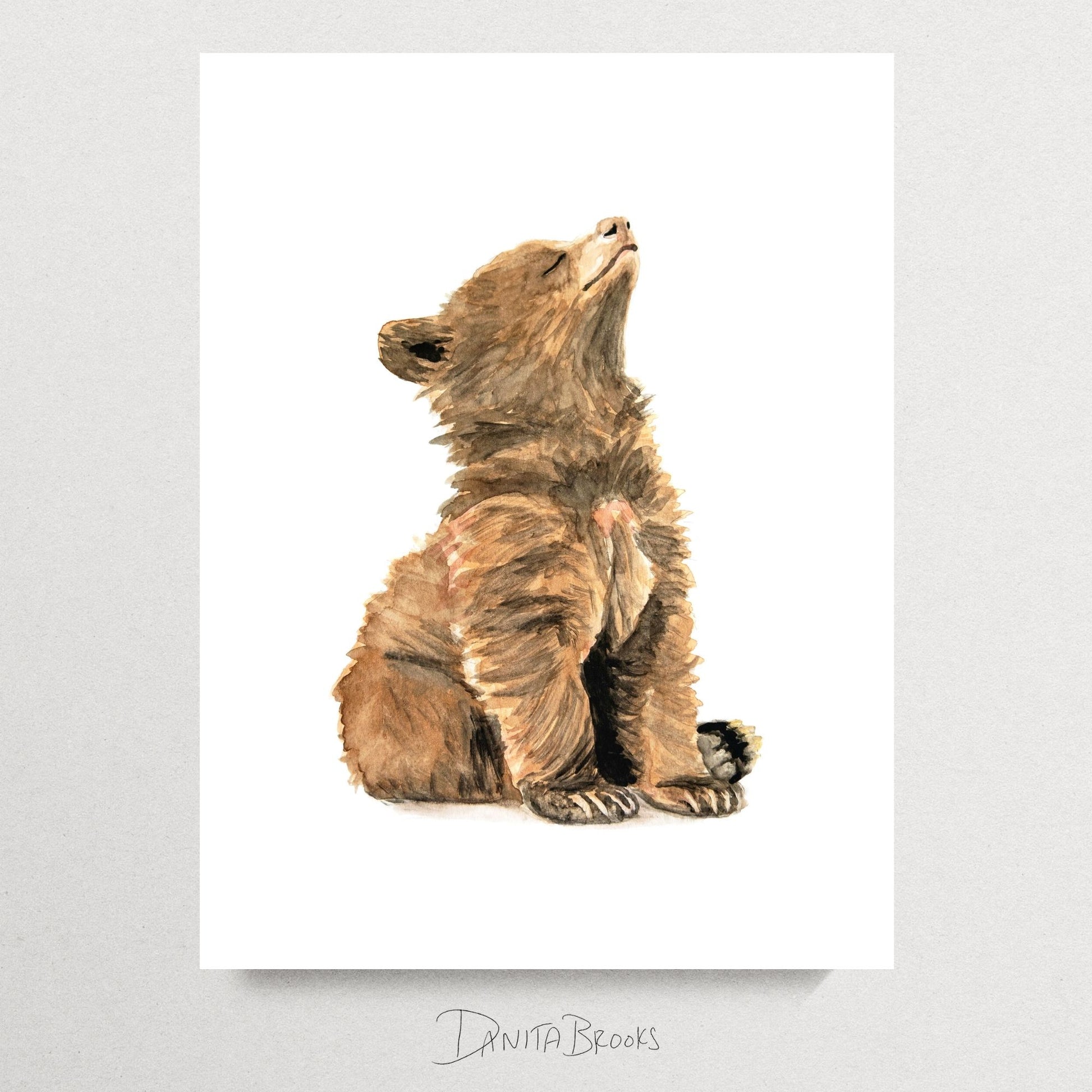 Unframed watercolor baby bear painting – soft forest animal print for nursery or toddler room