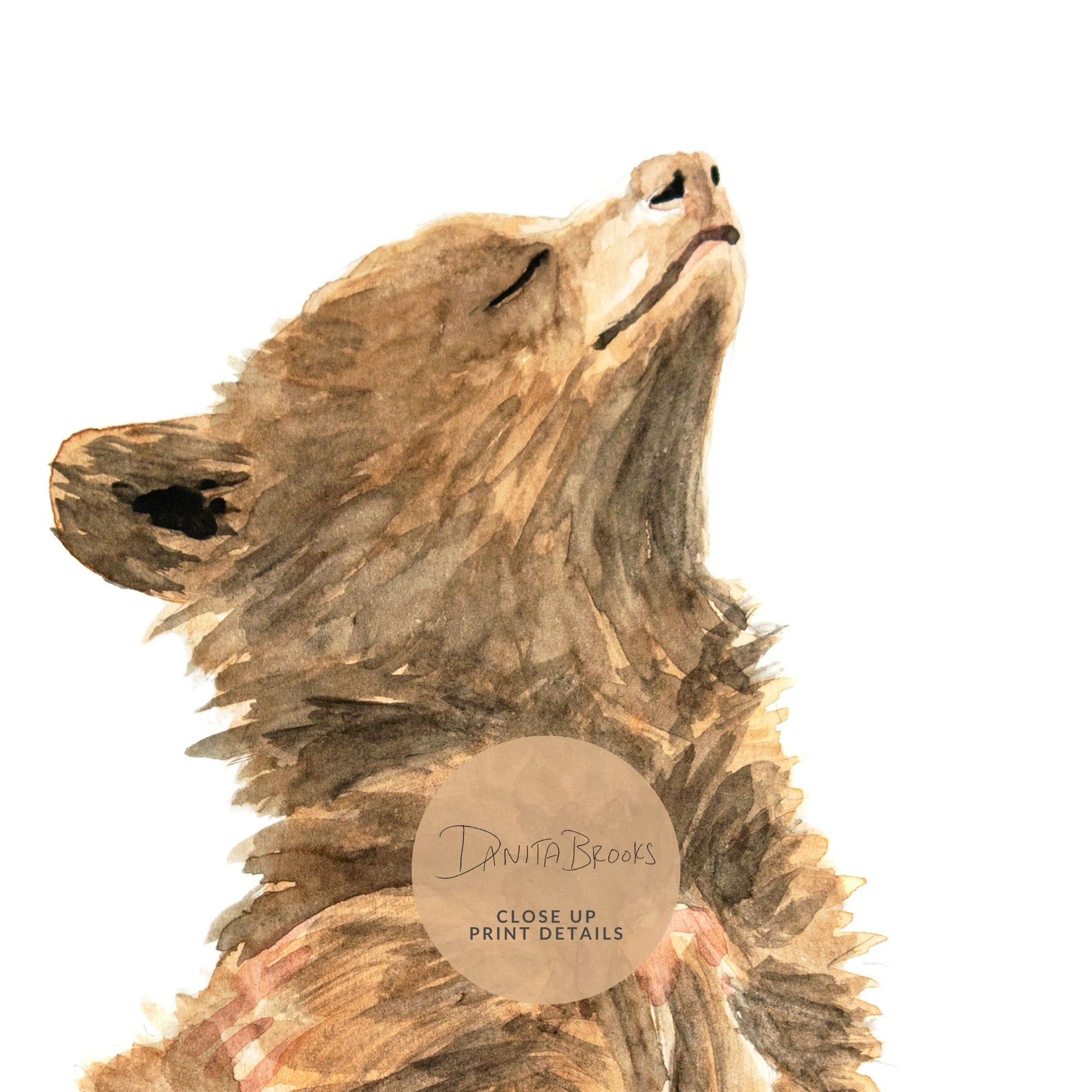 Detail of baby bear art print showing gentle watercolor strokes and sweet forest tones