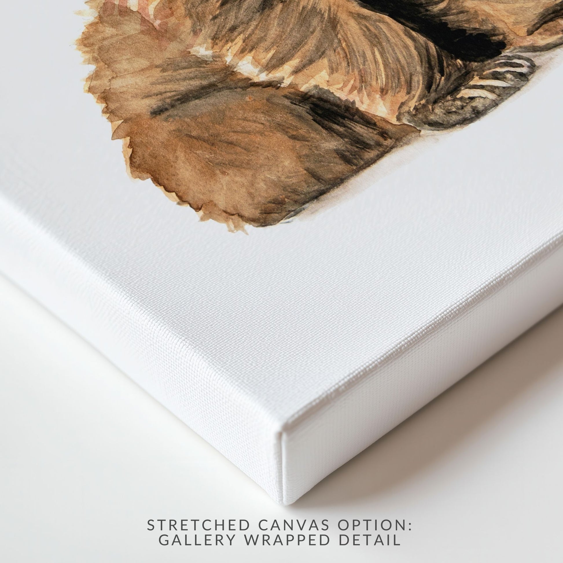 Close up detail of stretched canvas option of baby bear art print showing gentle watercolor strokes and sweet forest tones