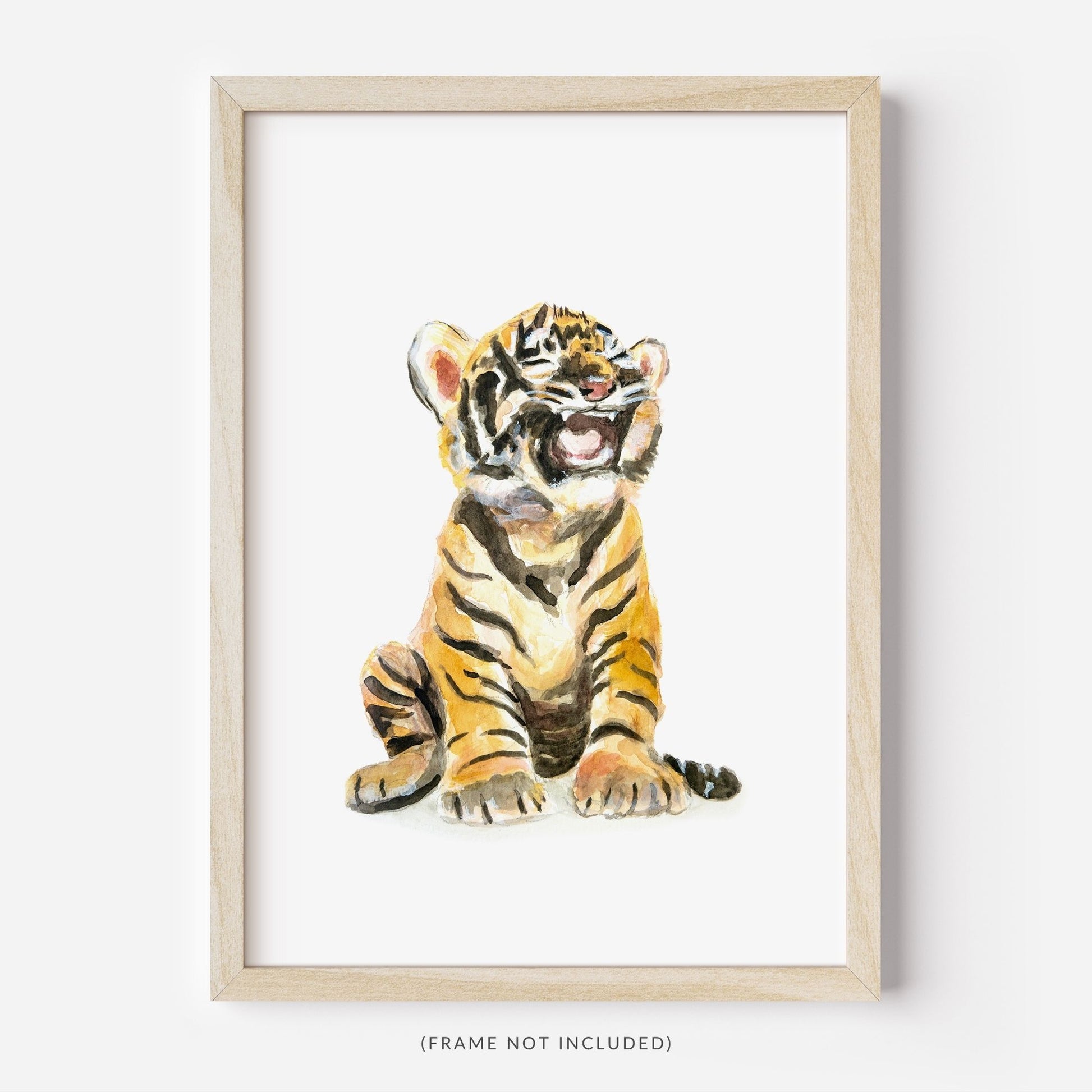 Framed watercolor baby tiger cub art print – safari nursery decor for jungle baby room