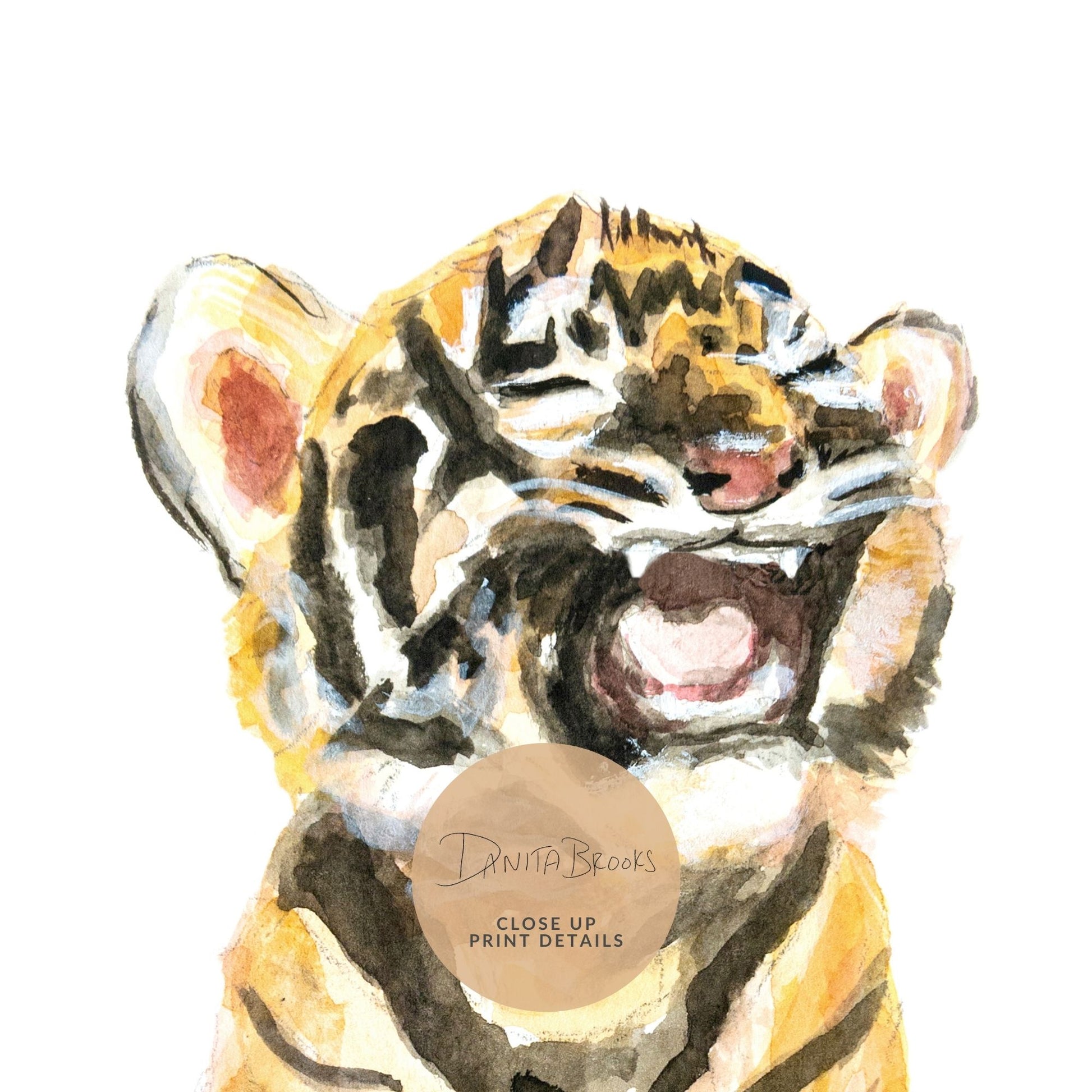 Close-up of watercolor baby tiger cub – safari nursery print for boys room or baby gift