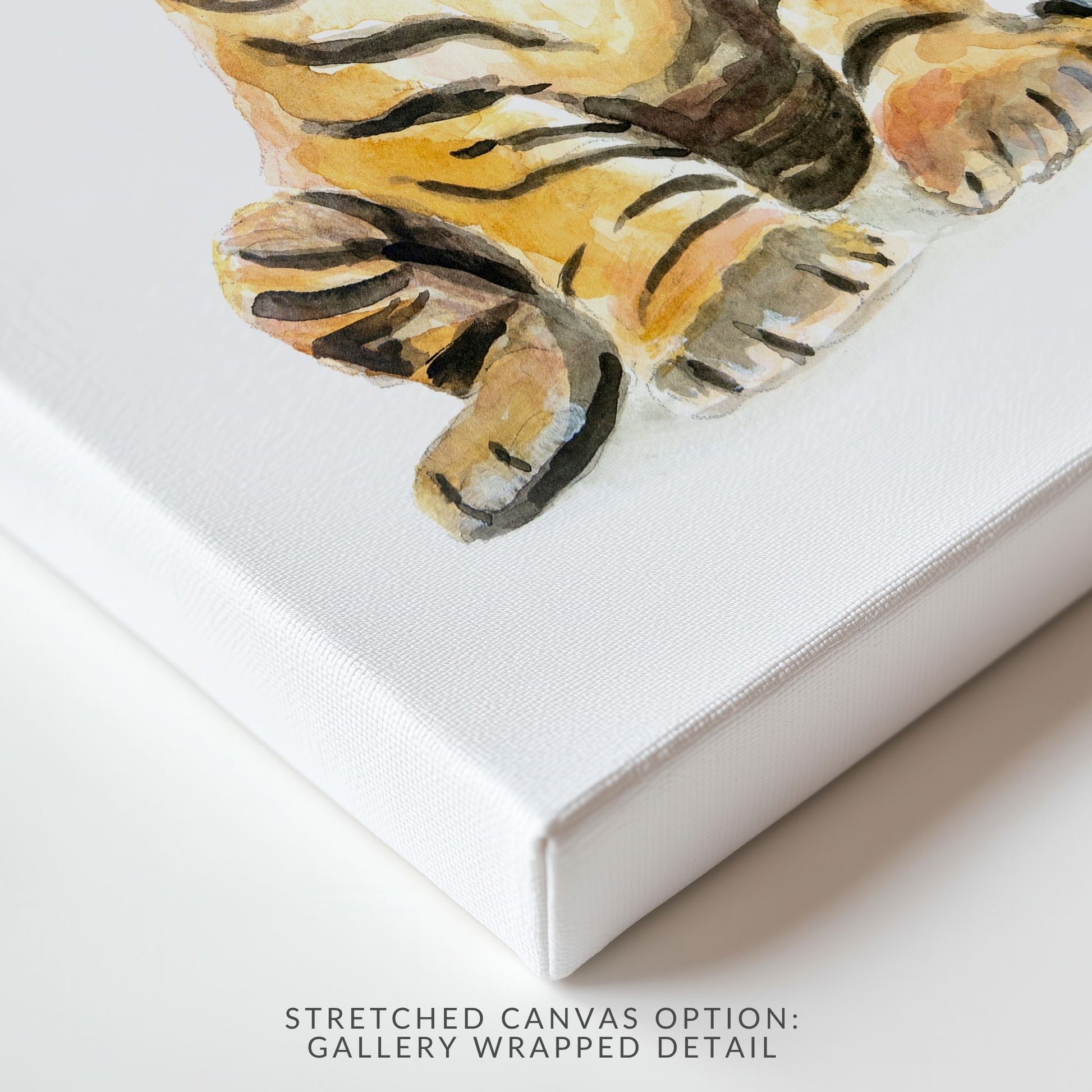 Close-up of canvas corner on stretched canvas option of watercolor baby tiger cub – safari nursery print for boys room or baby gift