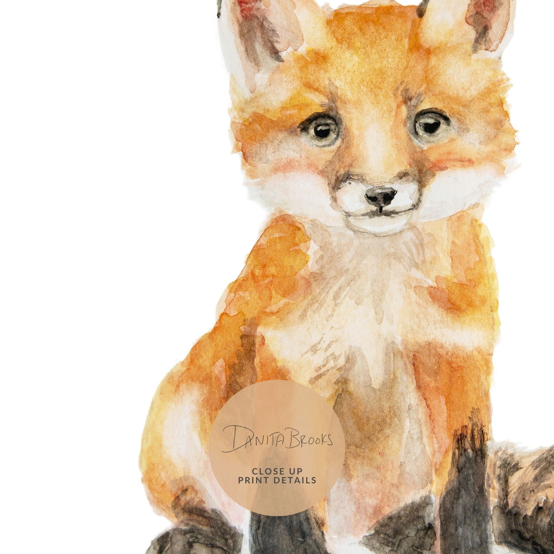 Detail of sitting fox print showing gentle brushstrokes and calming woodland tones