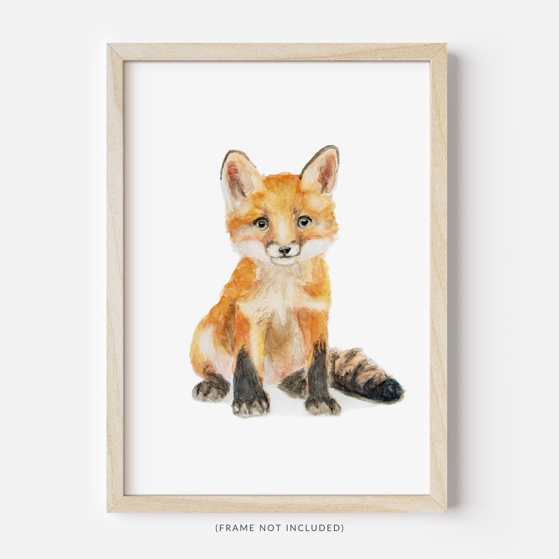Sitting fox watercolor art print in wood frame – woodland nursery wall decor for baby room