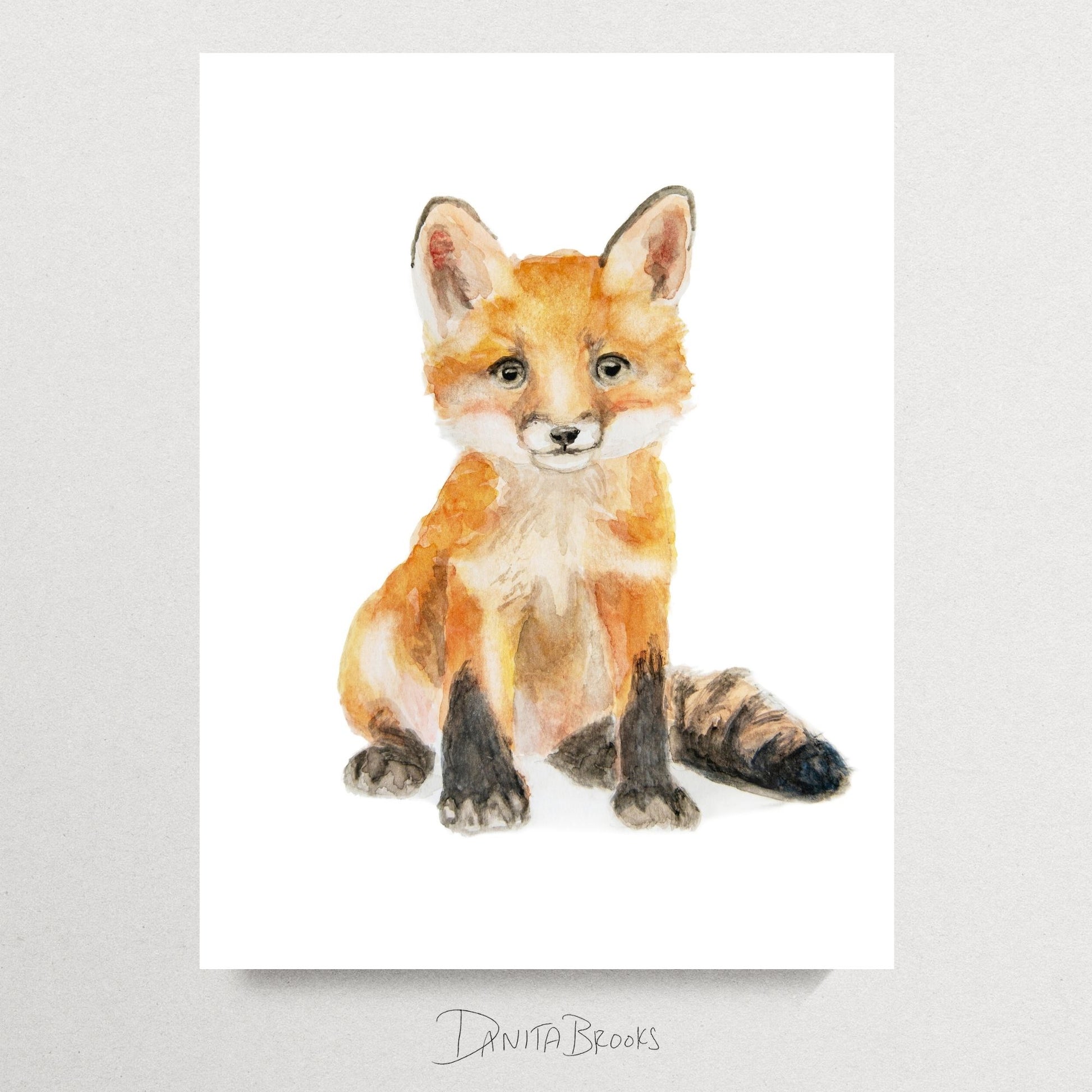 Unframed sitting fox watercolor painting – soft forest animal wall art for nursery or kids room