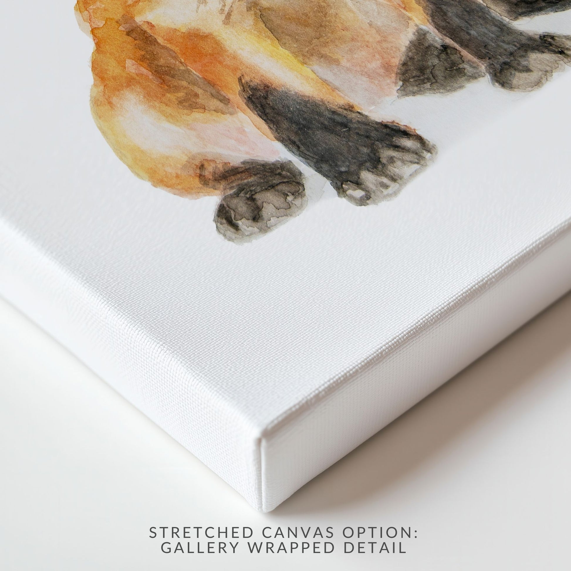 Close up details of the stretched canvas option of sitting fox print showing gentle brushstrokes and calming woodland tones