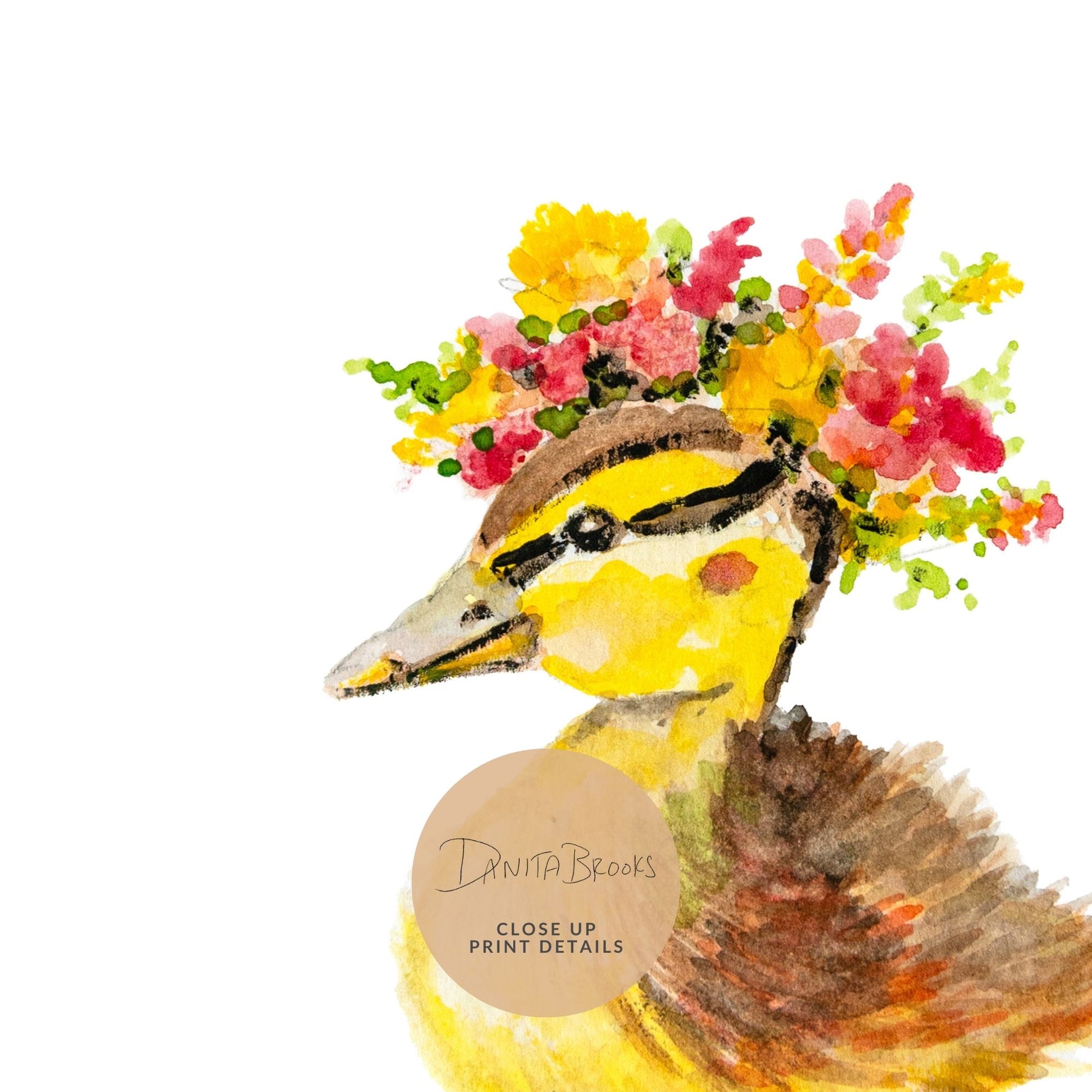 Close-up of flower crown duck art print showing soft watercolor texture and gentle duckling face
