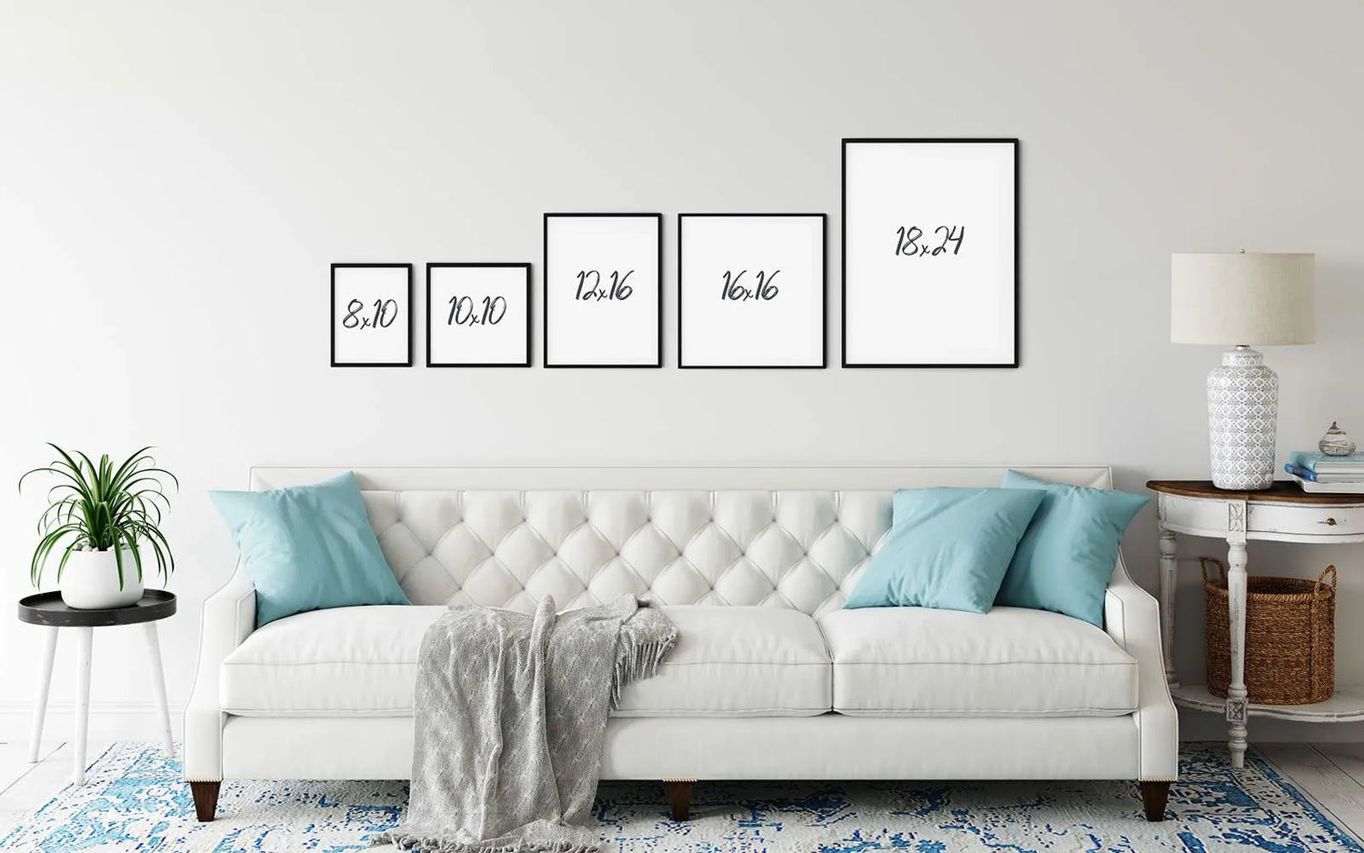 Art print size guide illustrating standard print dimensions above a couch in a living room