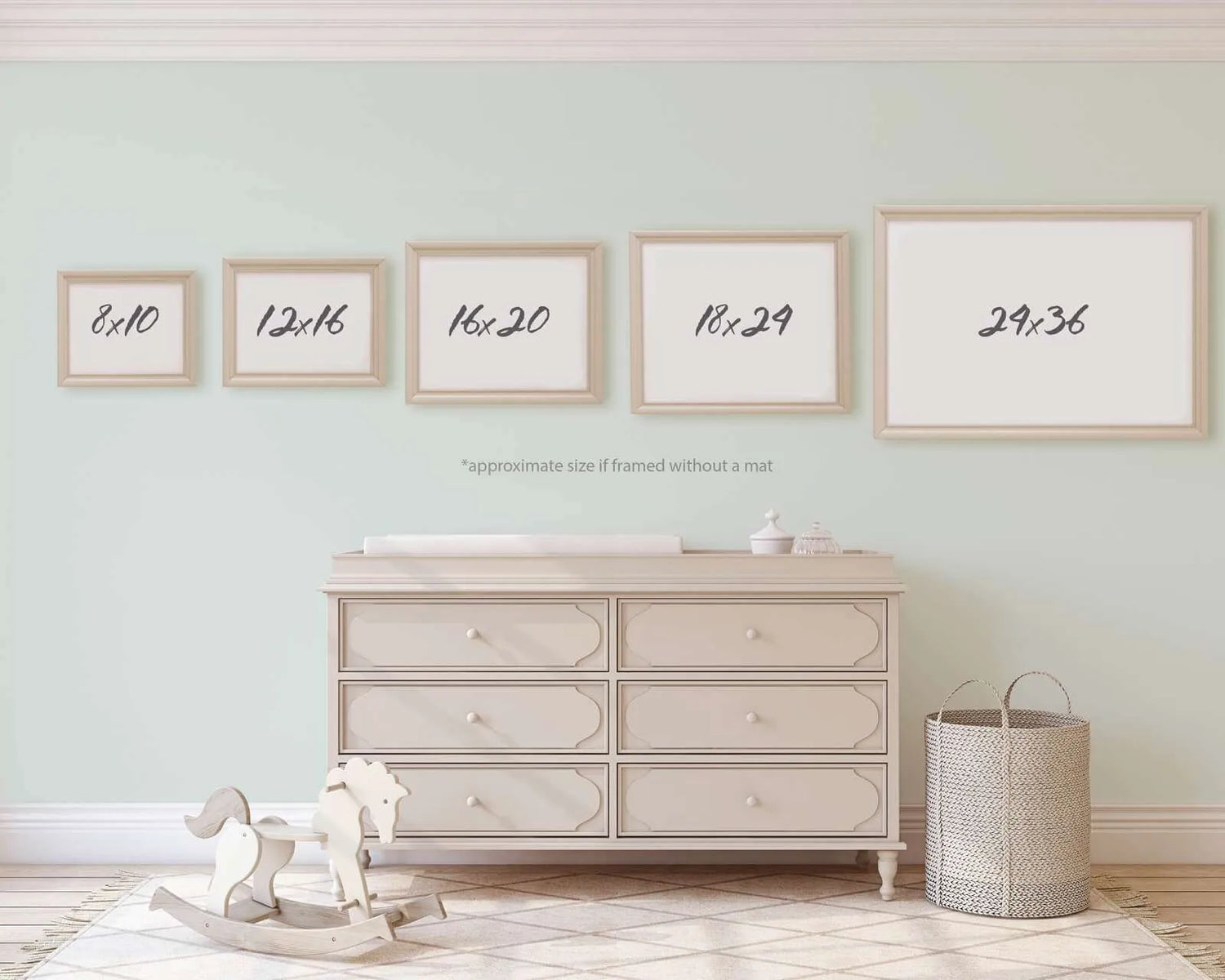 Art print size chart illustrating standard print dimensions above a changing dresser in a nursery