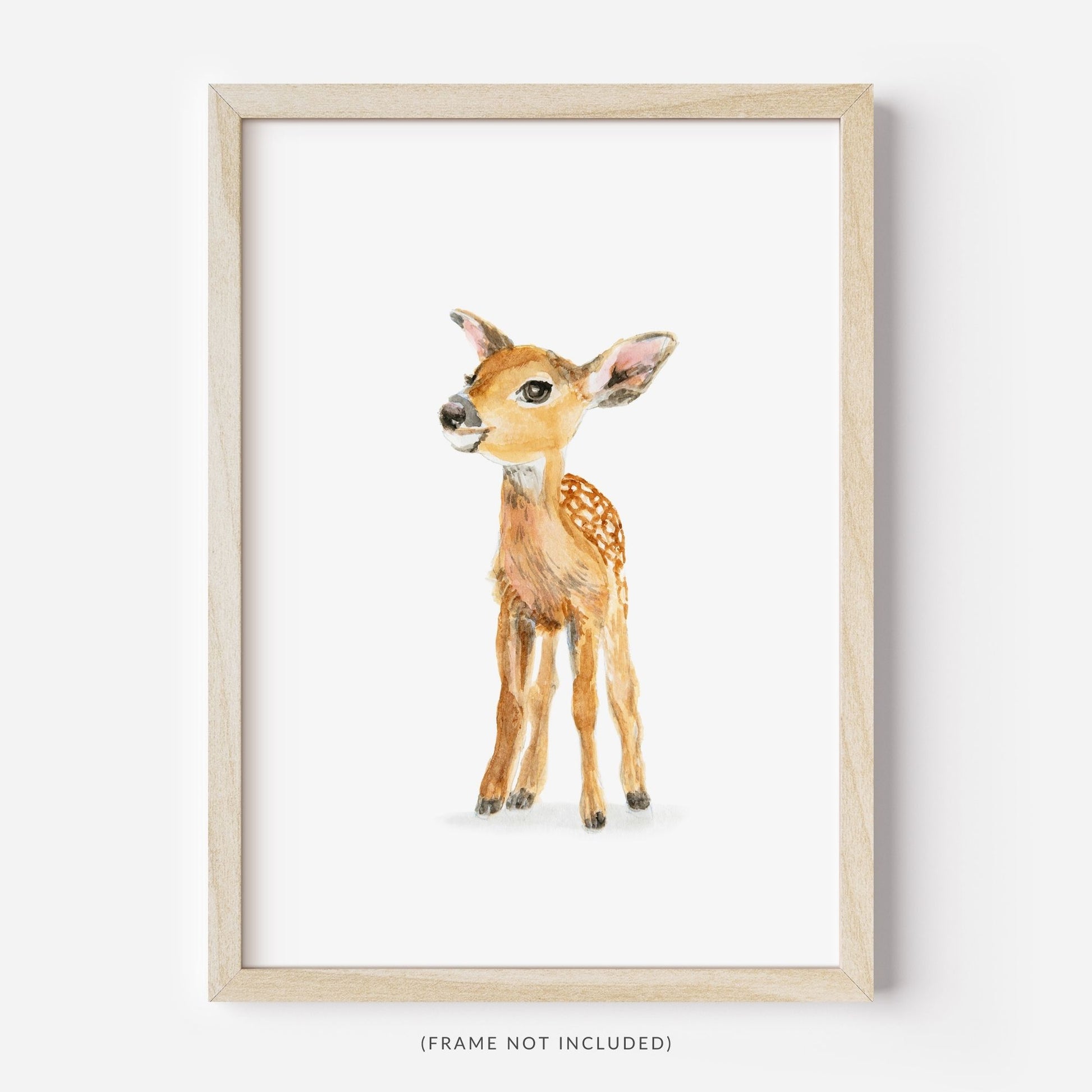Watercolor baby deer art print in rustic wood frame – woodland nursery wall decor for kids room