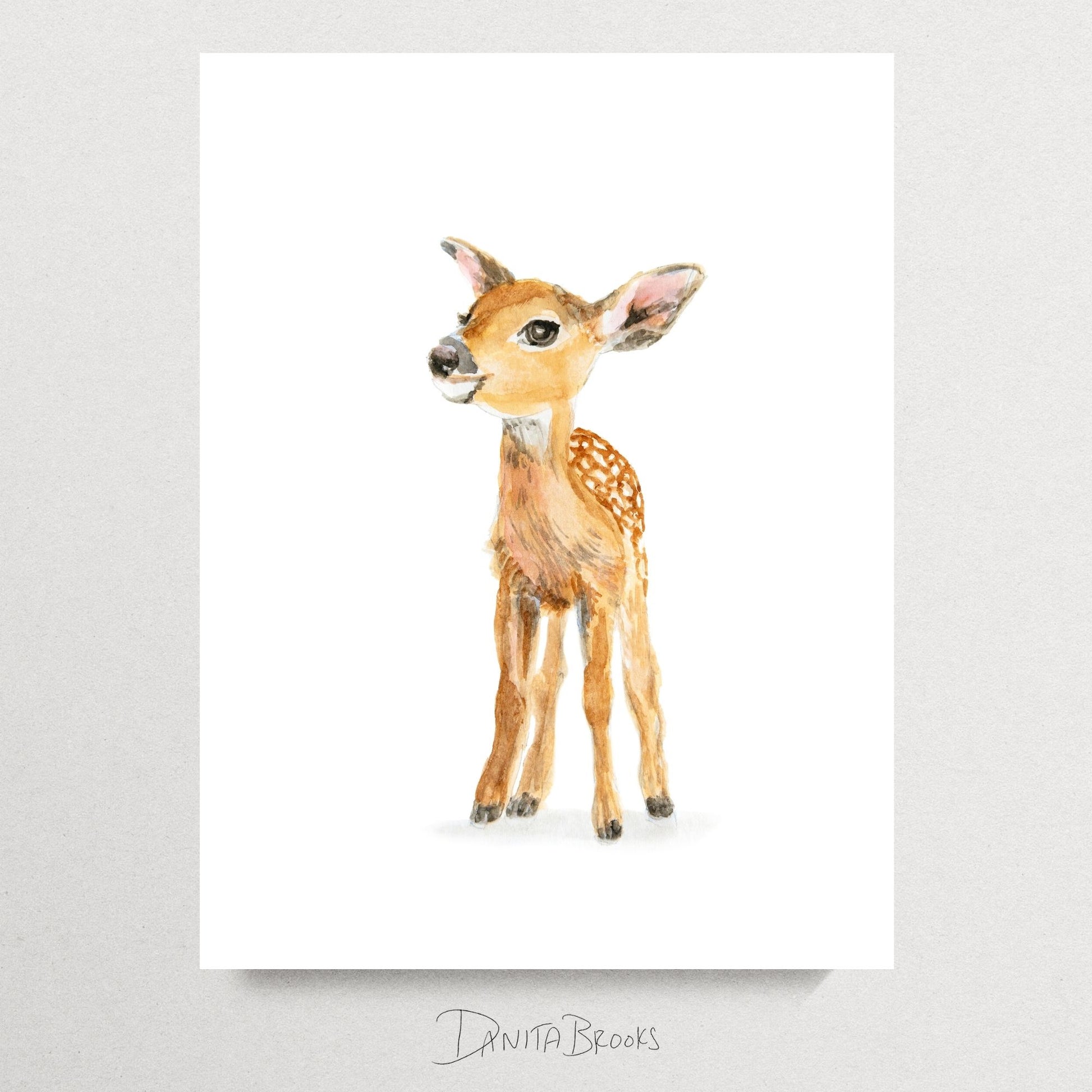 Unframed baby deer watercolor painting – forest animal print for nursery or nature-inspired kids room