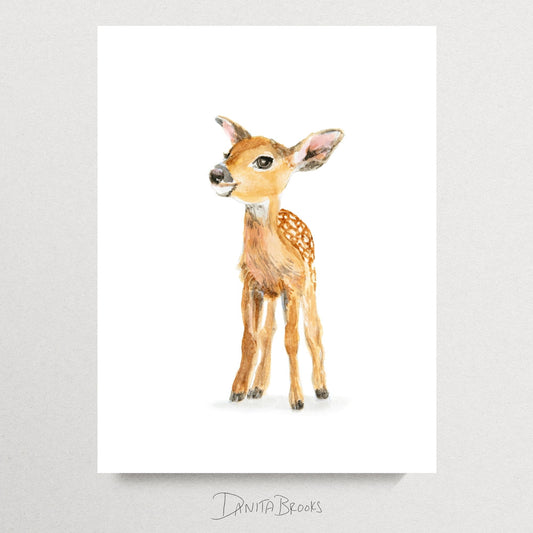 Unframed baby deer watercolor painting – forest animal print for nursery or nature-inspired kids room