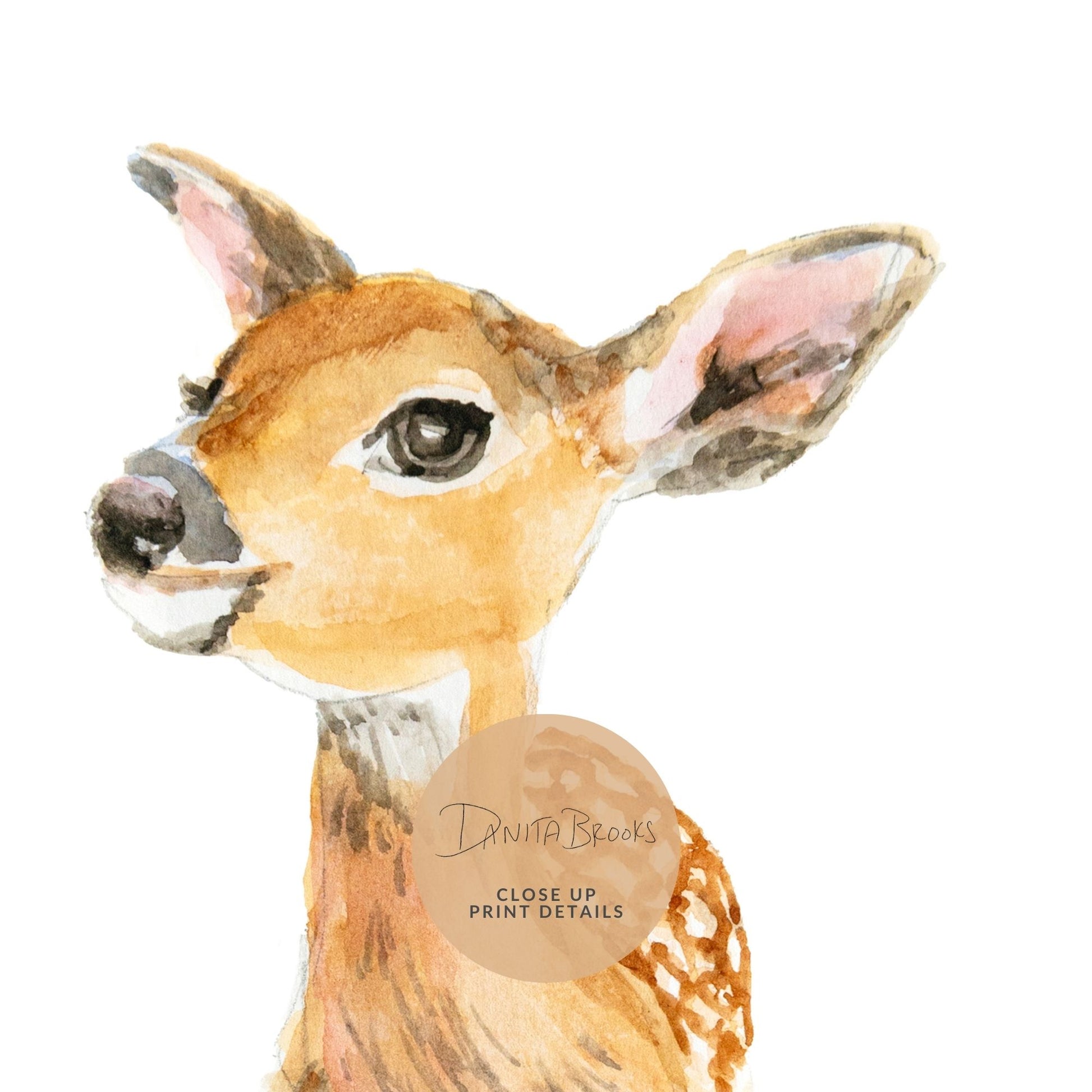 Detailed view of baby deer art print showing soft brushstrokes and gentle woodland design