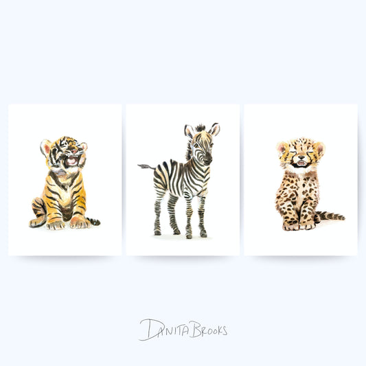 Unframed safari baby animal print set with watercolor zebra, cheetah, and tiger cub – jungle nursery wall decor