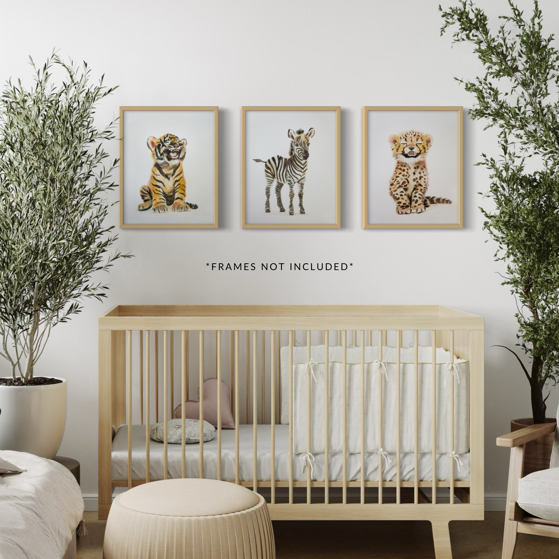 Framed safari nursery prints of baby zebra, cheetah, and tiger cub – jungle-themed wall art for baby’s room
