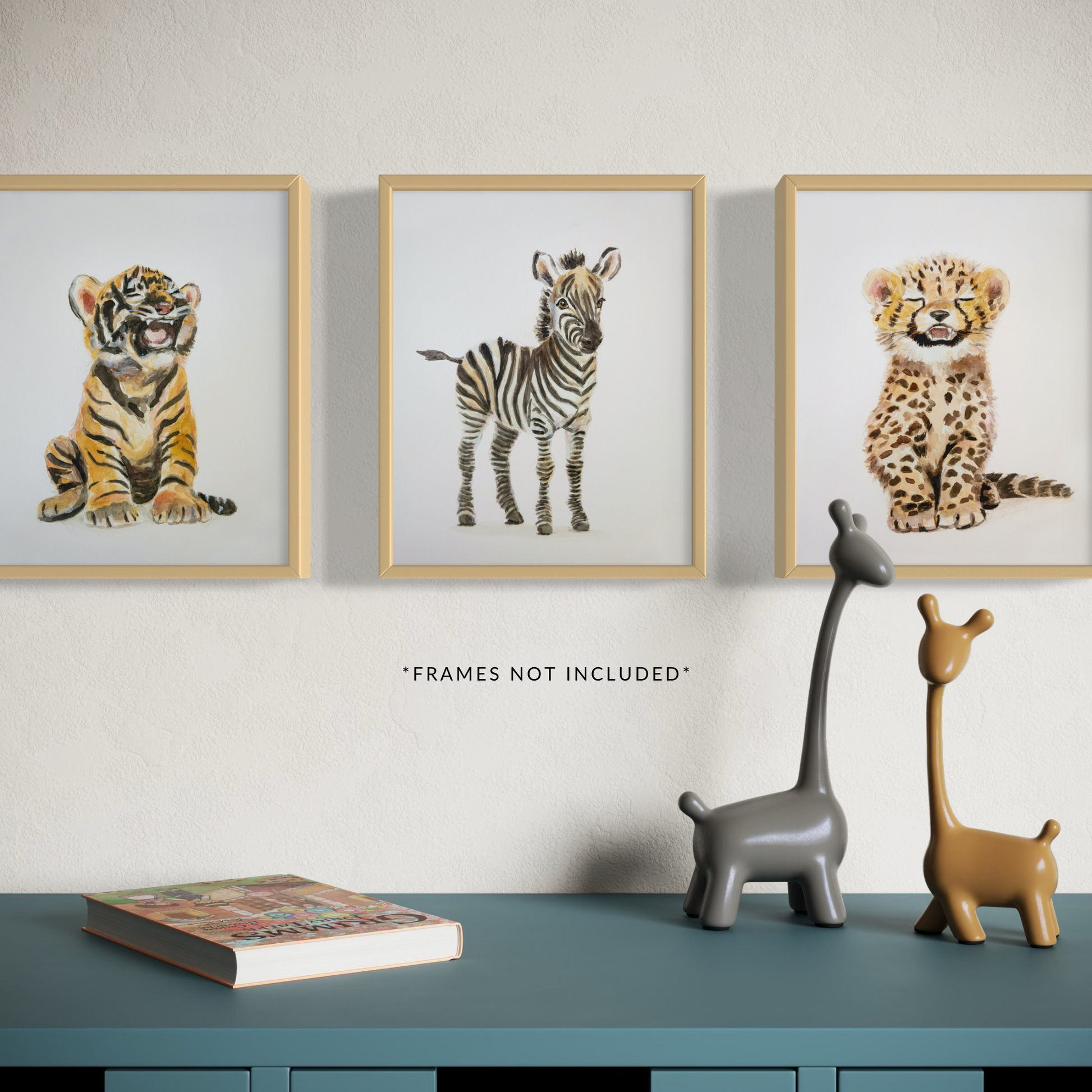 Framed safari nursery prints of baby zebra, cheetah, and tiger cub – jungle-themed wall art for baby’s or child's room