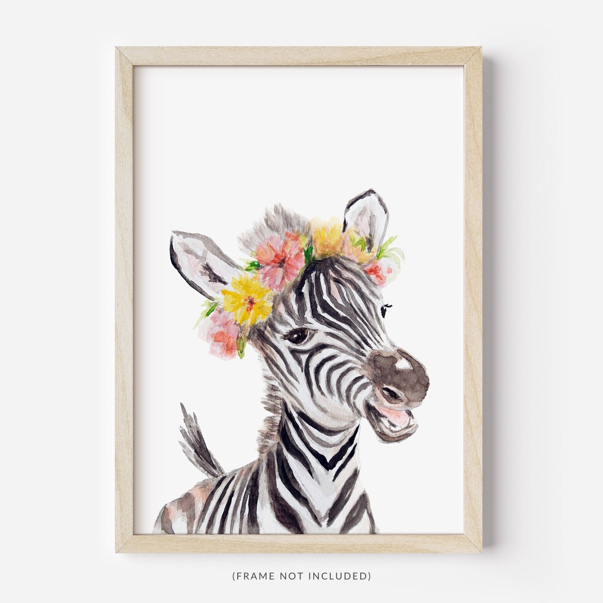 Framed watercolor zebra with tropical flower crown nursery wall art print