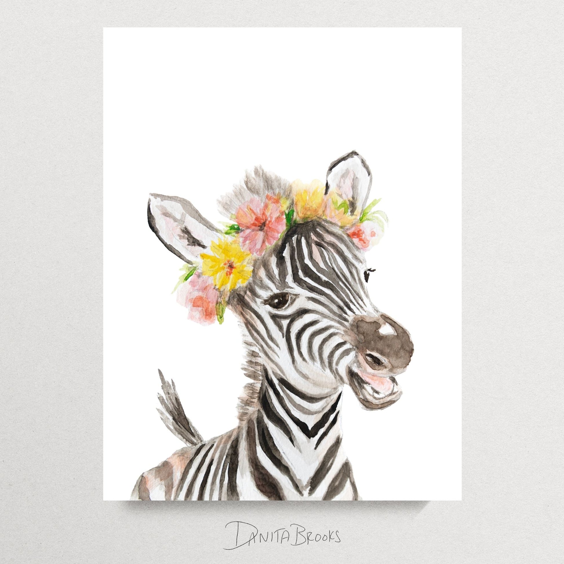 Unframed watercolor zebra with tropical flower crown art print on white background