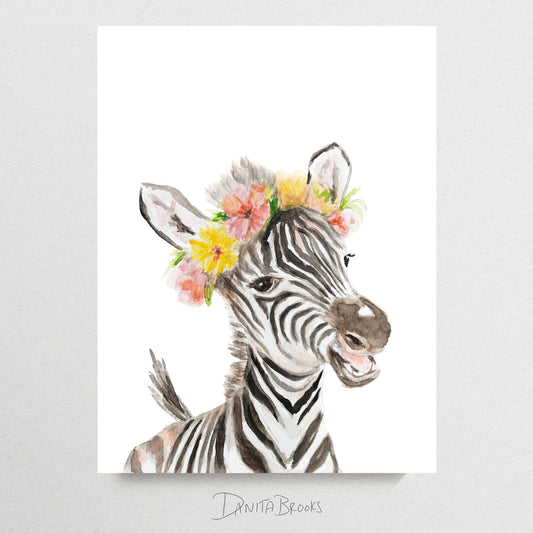 Unframed watercolor zebra with tropical flower crown art print on white background