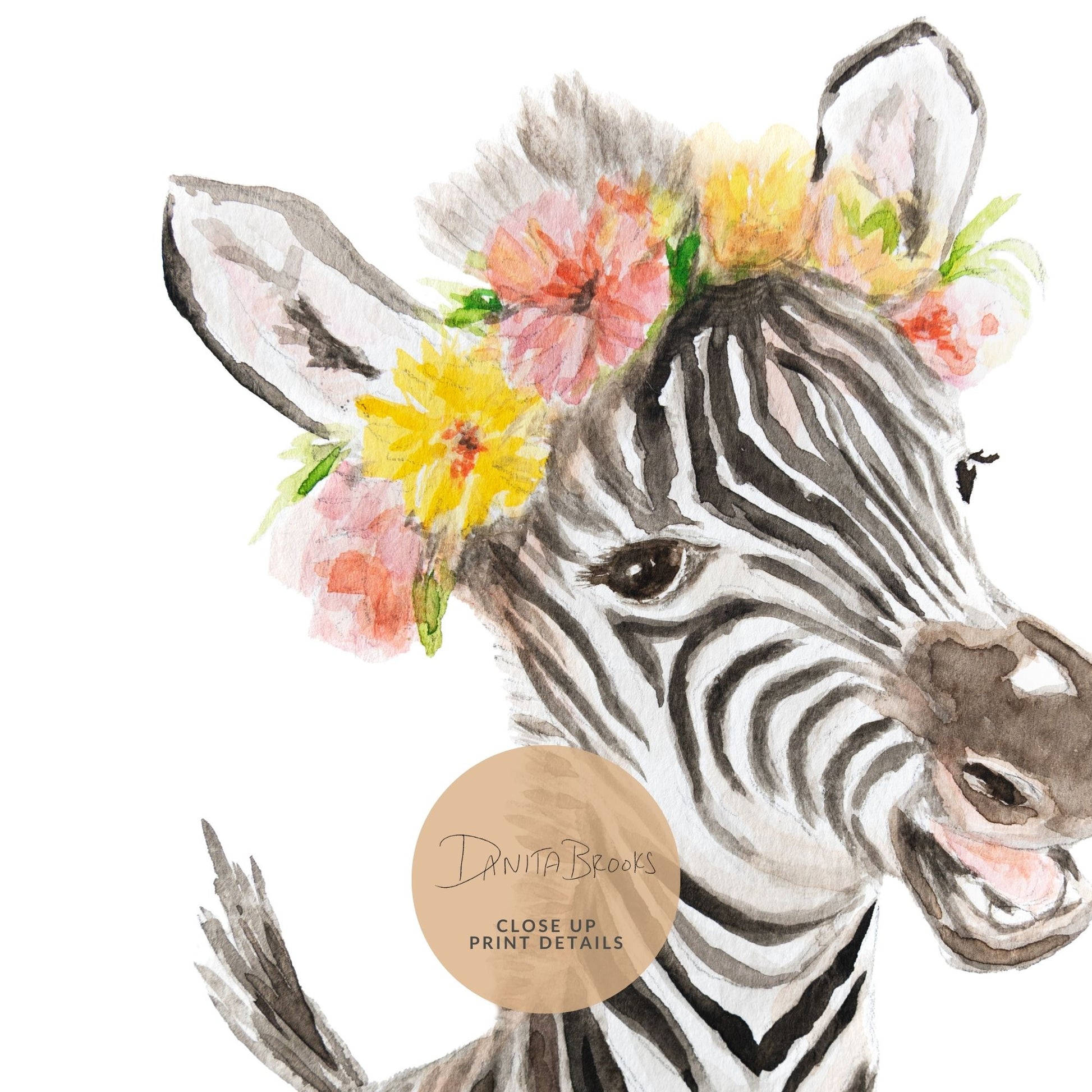 Close-up detail of watercolor zebra with tropical flower crown art print showing vibrant brushstrokes and colors